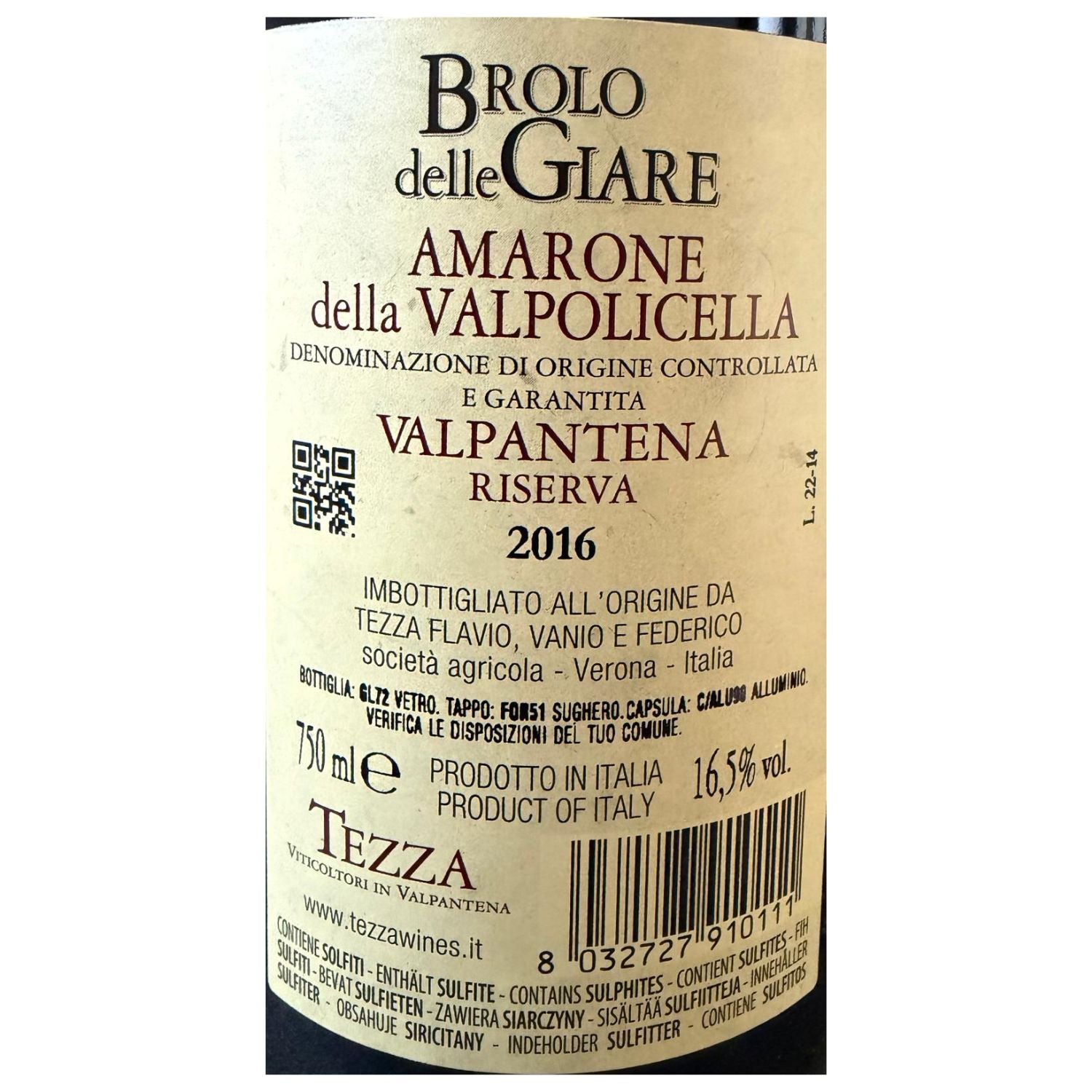 Close-up of a wine bottle label for Brolo delle Giare Amarone della Valpolicella Valpantena Riserva 2016, showing the beige label with dark red and black text on a dark bottle background.