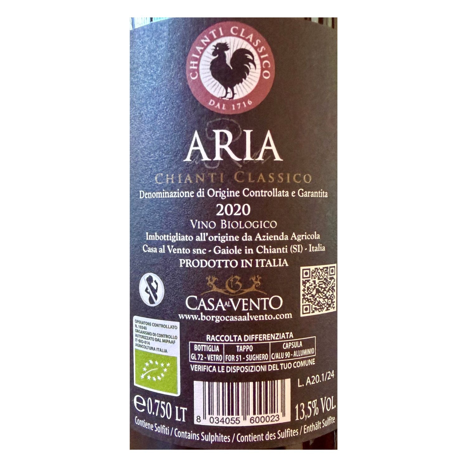 Back label of Casa al Vento “Aria” Chianti Classico DOCG 2020 organic red wine, showing certification, producer details, barcode, 13.5% alcohol and 750 ml bottle information.