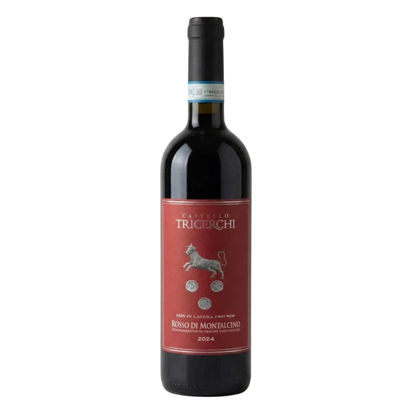 Bottle of Castello Tricerchi Rosso di Montalcino 2024 red wine shown from the front on a plain background.