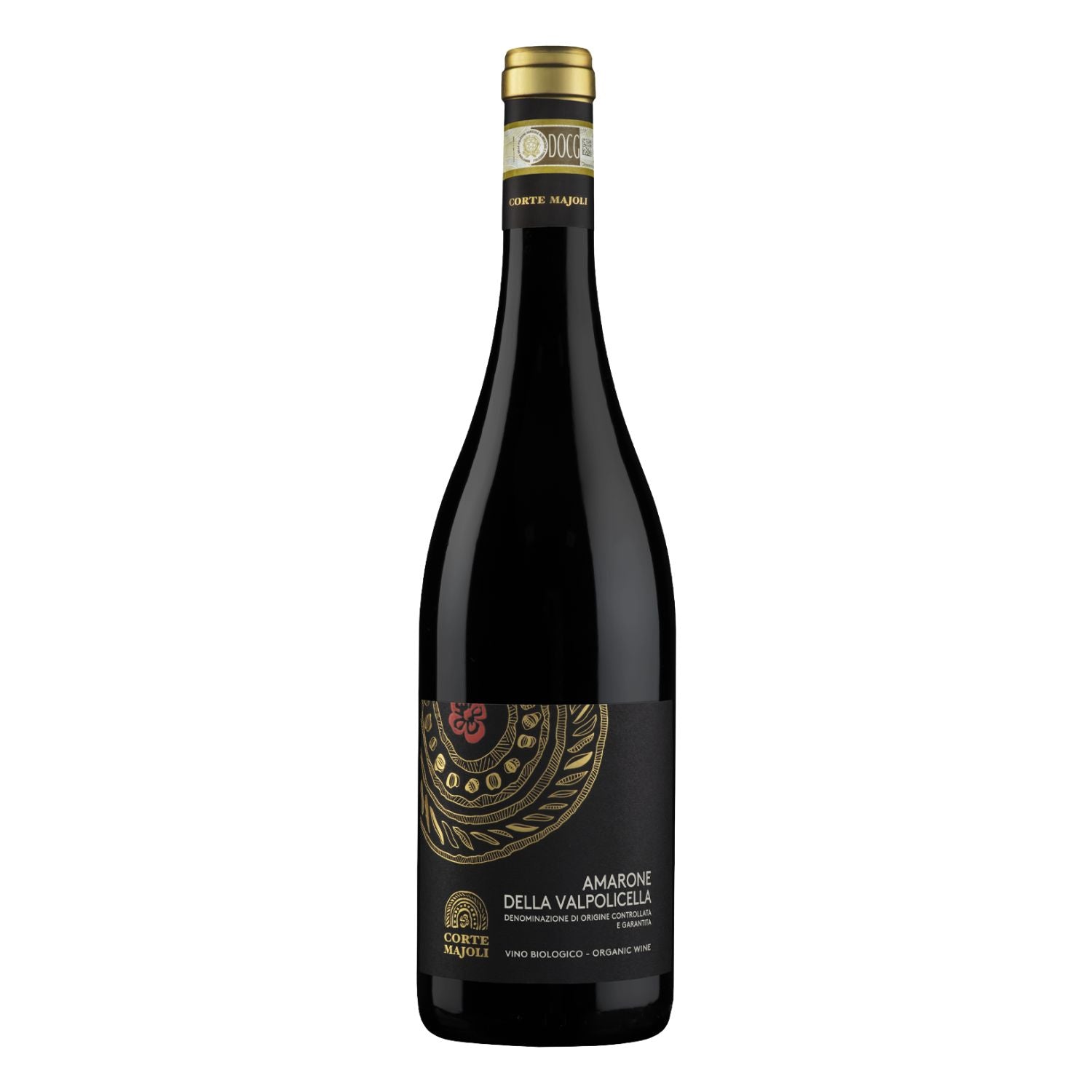 A bottle of Corte Majoli Amarone della Valpolicella wine, featuring a dark glass bottle with a black label and gold detailing, set against a plain white background.