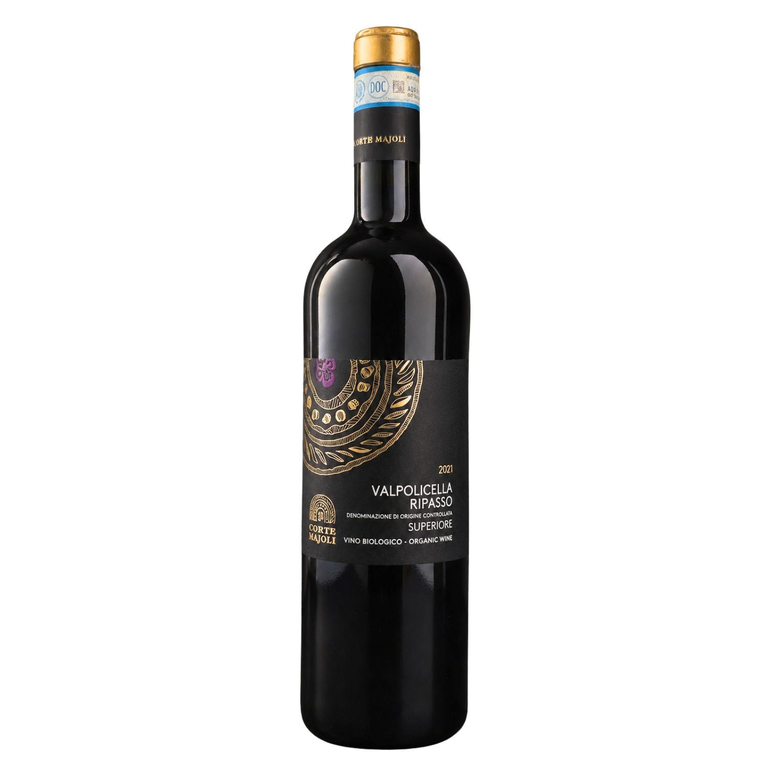 Front bottle view of Corte Majoli Valpolicella Ripasso Superiore 2021 organic wine by Tezza.