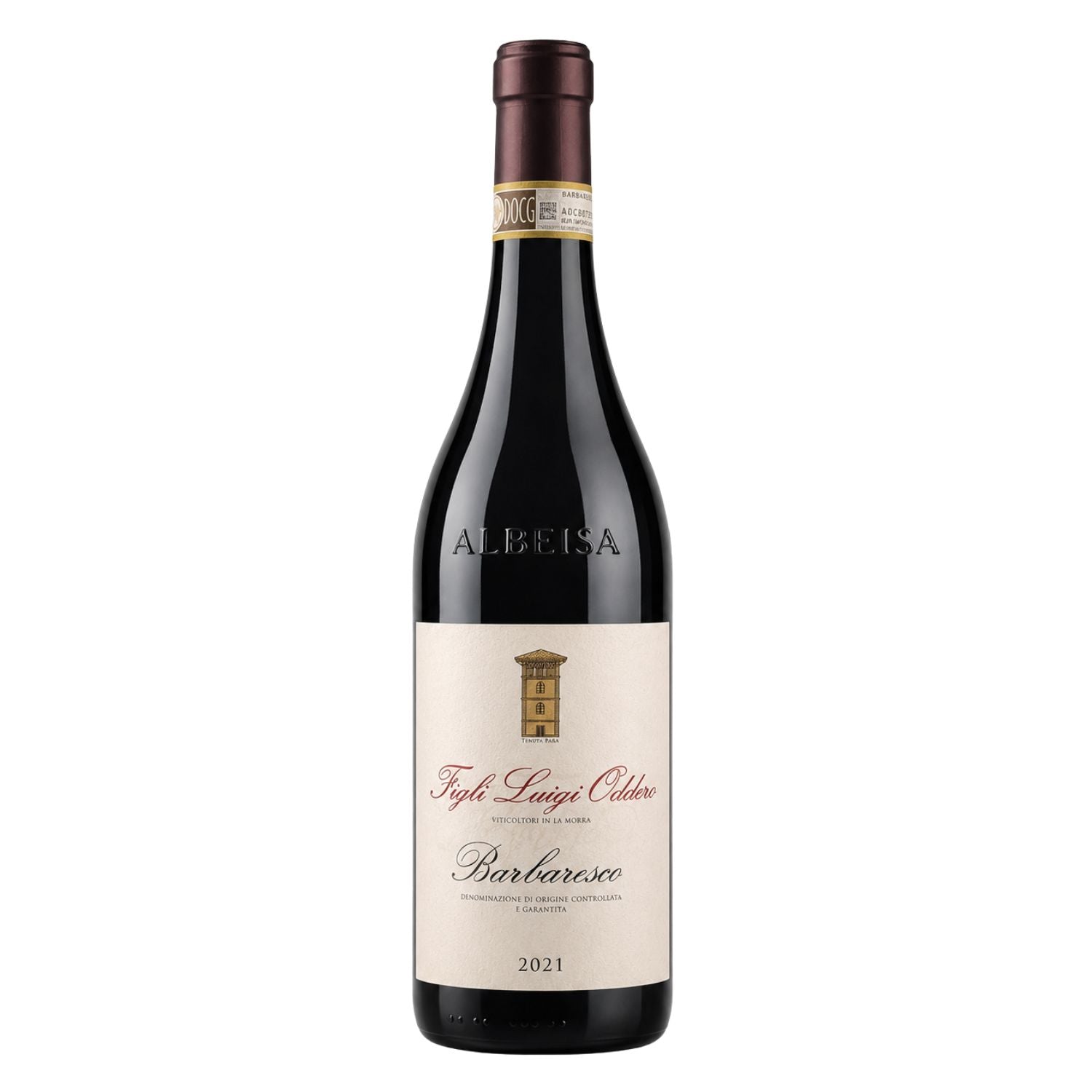 Front view of Figli Luigi Oddero Barbaresco DOCG 2021 wine bottle from Piedmont, Italy, photographed in a professional studio, showcasing the classic label and embossed Albeisa bottle details.