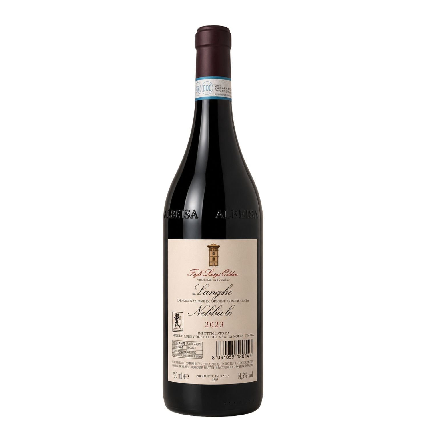 Back label view of Figli Luigi Oddero Langhe Nebbiolo 2023 DOC wine bottle in professional studio lighting, showing winery information, barcode, bottle details and embossed Albeisa bottle design on a clean neutral background.