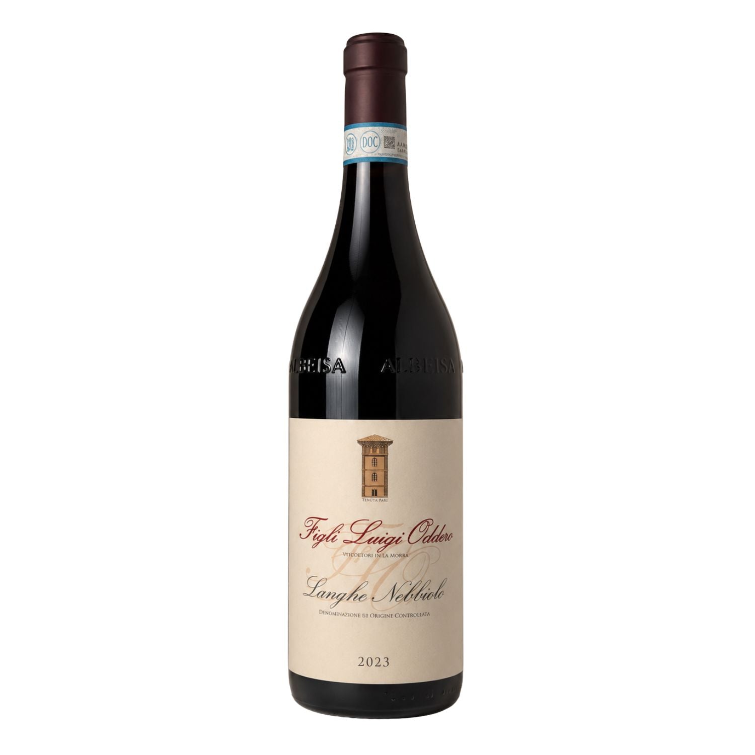 Front view of Figli Luigi Oddero Langhe Nebbiolo 2023 DOC wine bottle in professional studio lighting, showing the elegant cream label, red winery name, Langhe Nebbiolo designation and 2023 vintage on a clean neutral background.