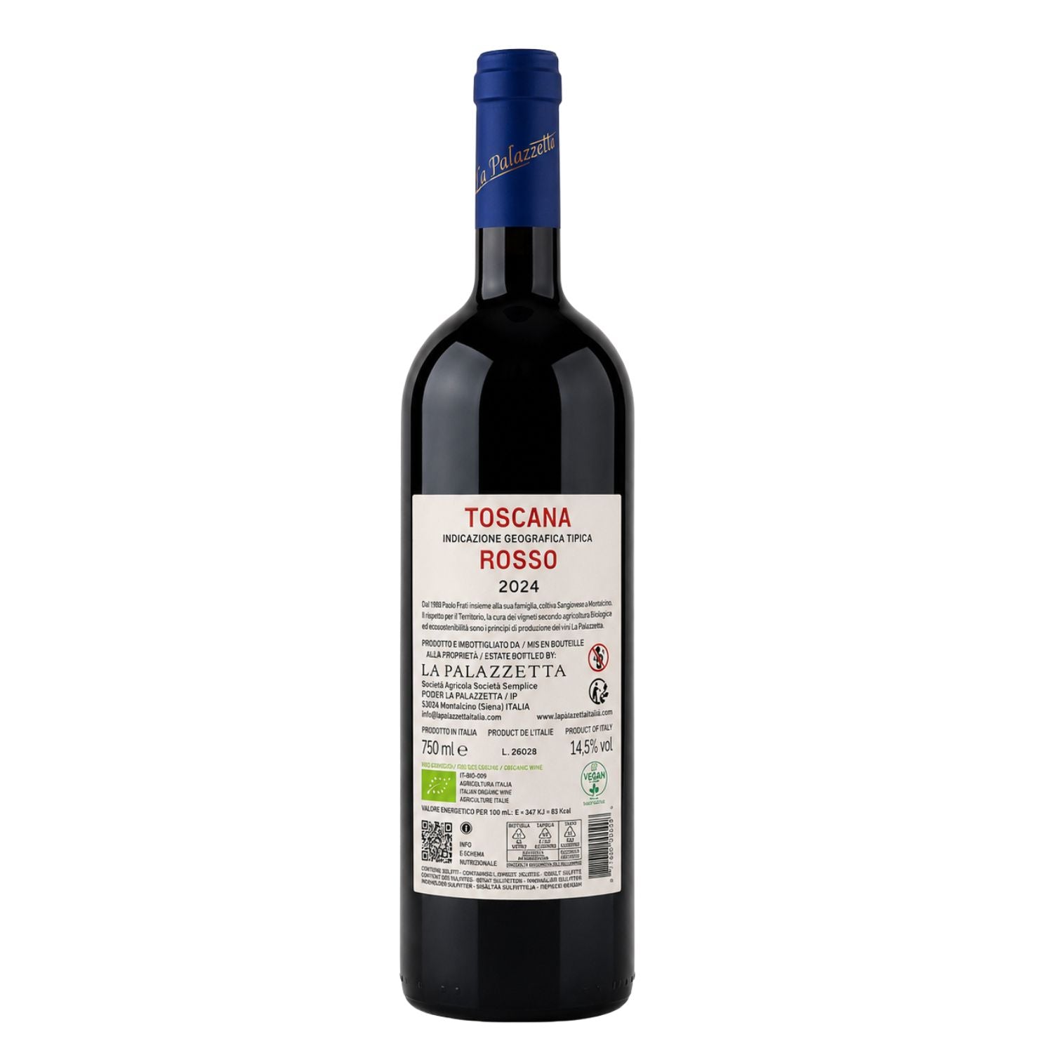 Fiorvino - Back label photo of Flavino 2024 Toscana Rosso IGT organic natural red wine from Montalcino, Tuscany, produced by La Palazzetta, showing winery information, organic certification, vegan certification, alcohol content, nutritional information and recycling details no background.