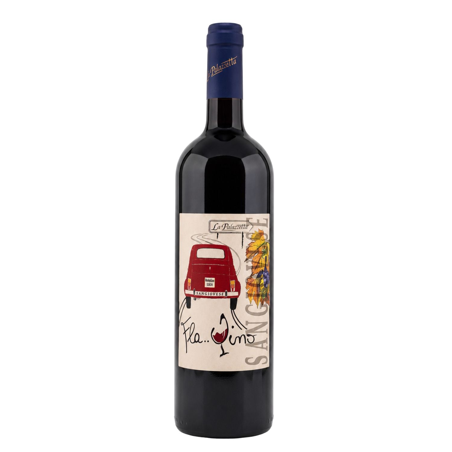 FIORVINO Front bottle photo of Flavino 2024 Toscana Rosso IGT, a natural organic red wine from Montalcino, Tuscany, produced by La Palazzetta, featuring the original illustrated label with a vintage red car and Sangiovese artwork and no background.