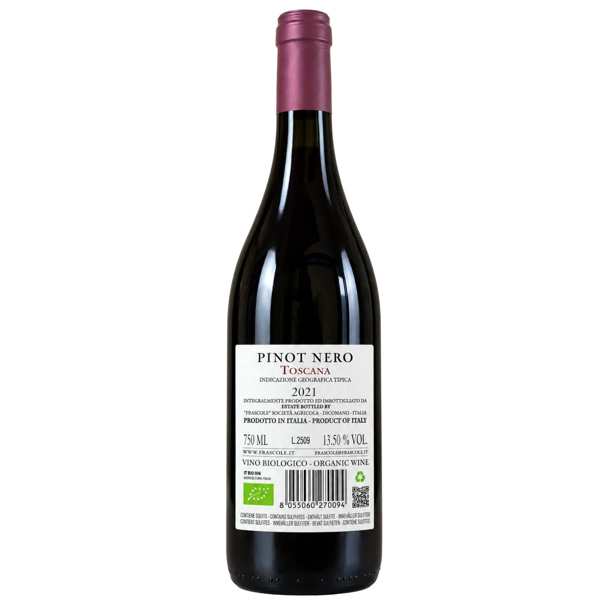 Frascole Pinot Nero 2021 Toscana IGT Organic Red Wine – Back label showing vintage, producer details, organic certification, alcohol content and barcode.
