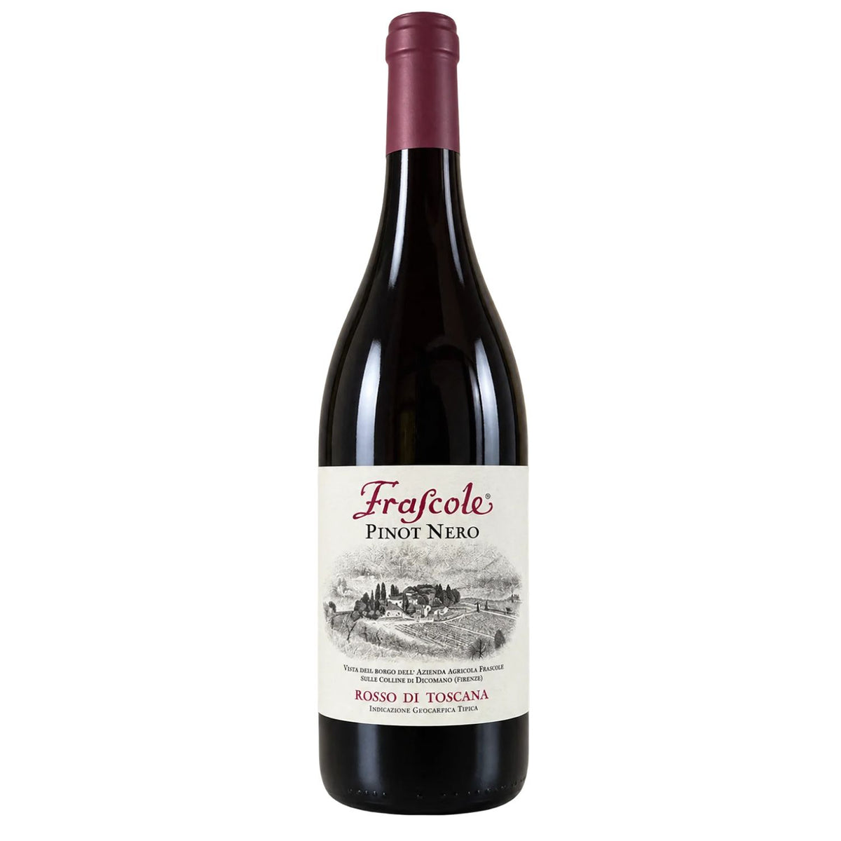 A bottle of Fracole Pinot Nero red wine, featuring a dark glass bottle with a deep red foil capsule and a cream-colored label with a black illustration of a Tuscan vineyard.
