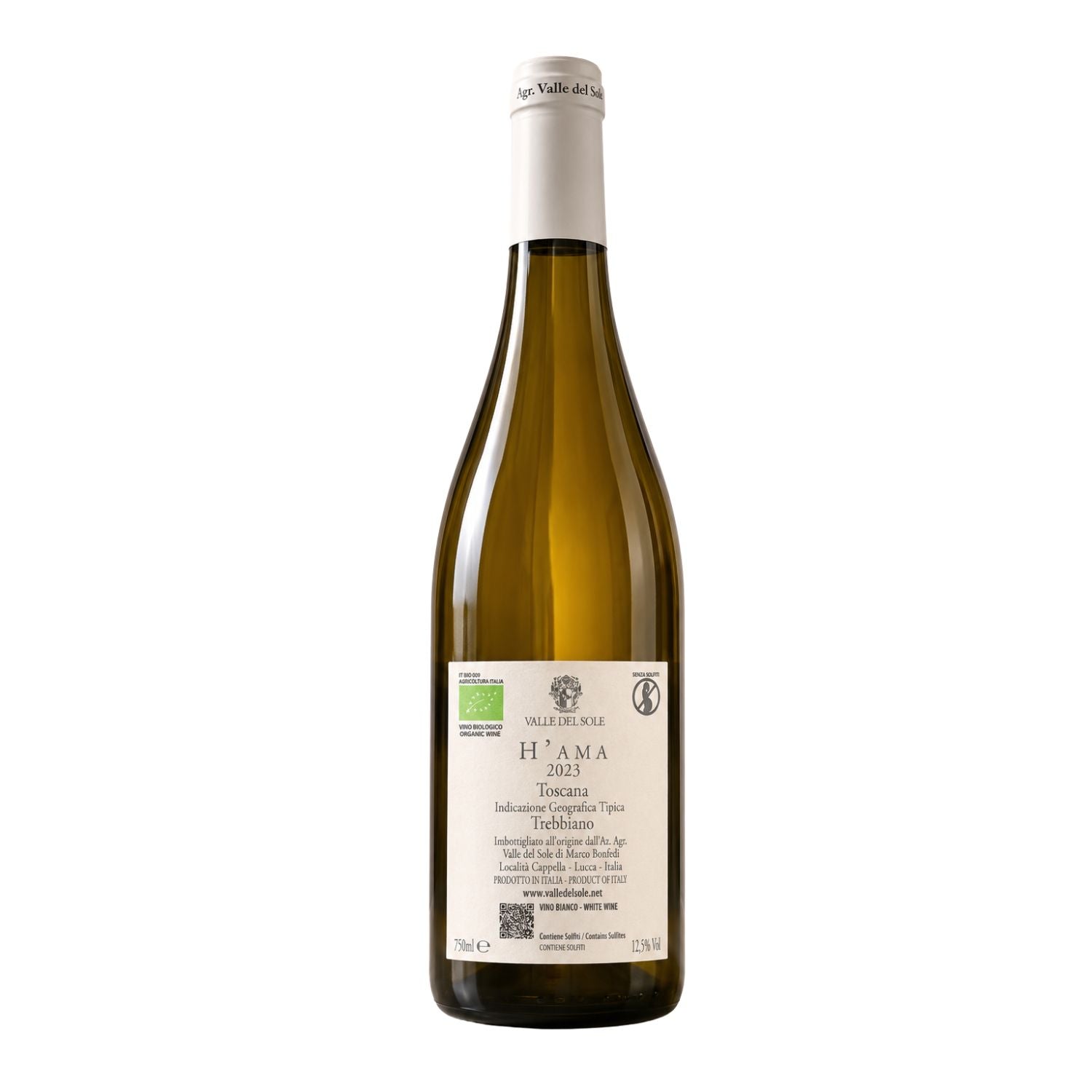 Back view of H’Ama 2023 Trebbiano Toscana IGT by Valle del Sole showing the winery information, organic certification, product details and back label, photographed in a professional studio setting.