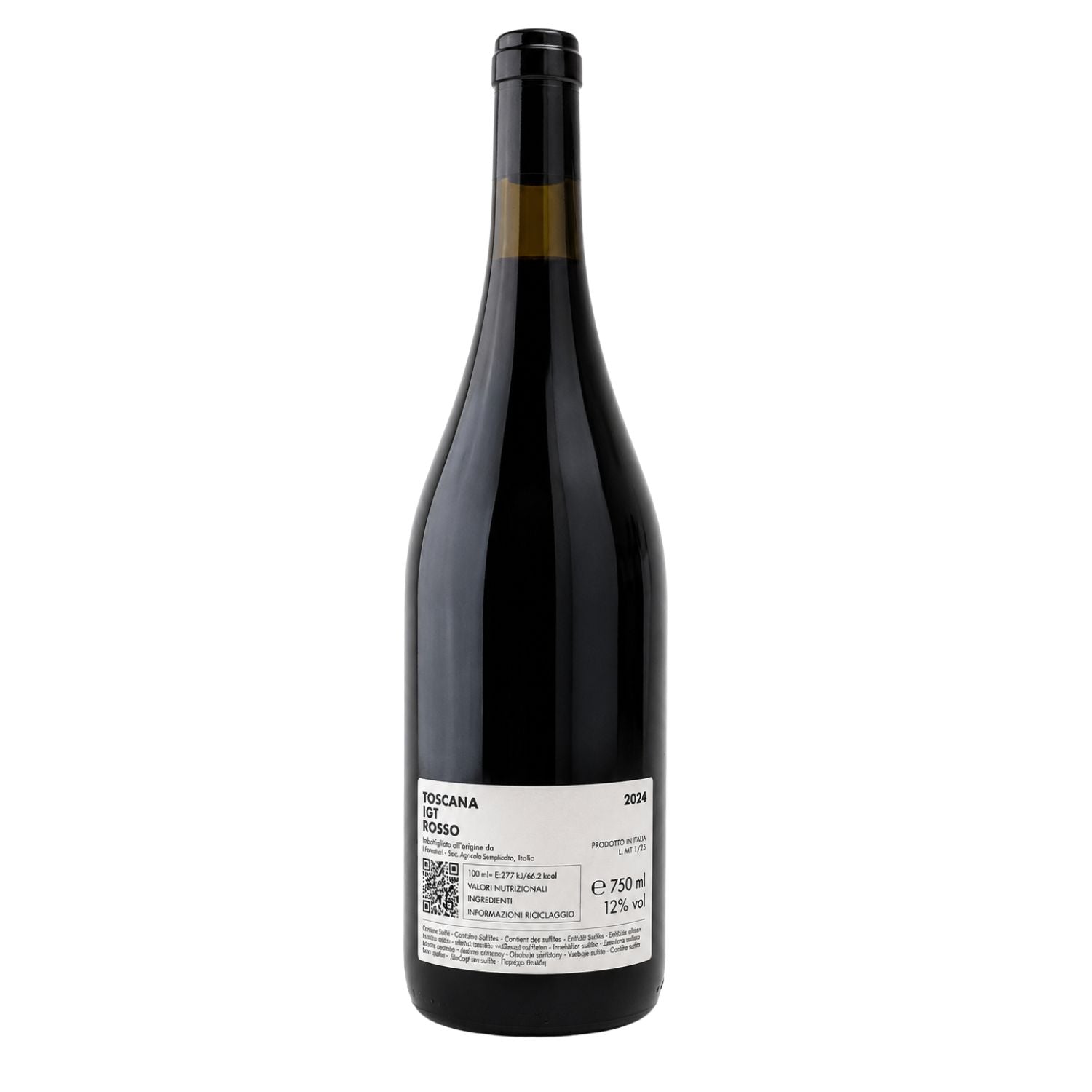 Studio photo of the back label of I Forestieri Rosso 2024 Toscana IGT, natural Tuscan red wine produced by I Forestieri, displaying nutritional information, alcohol content and bottle details.