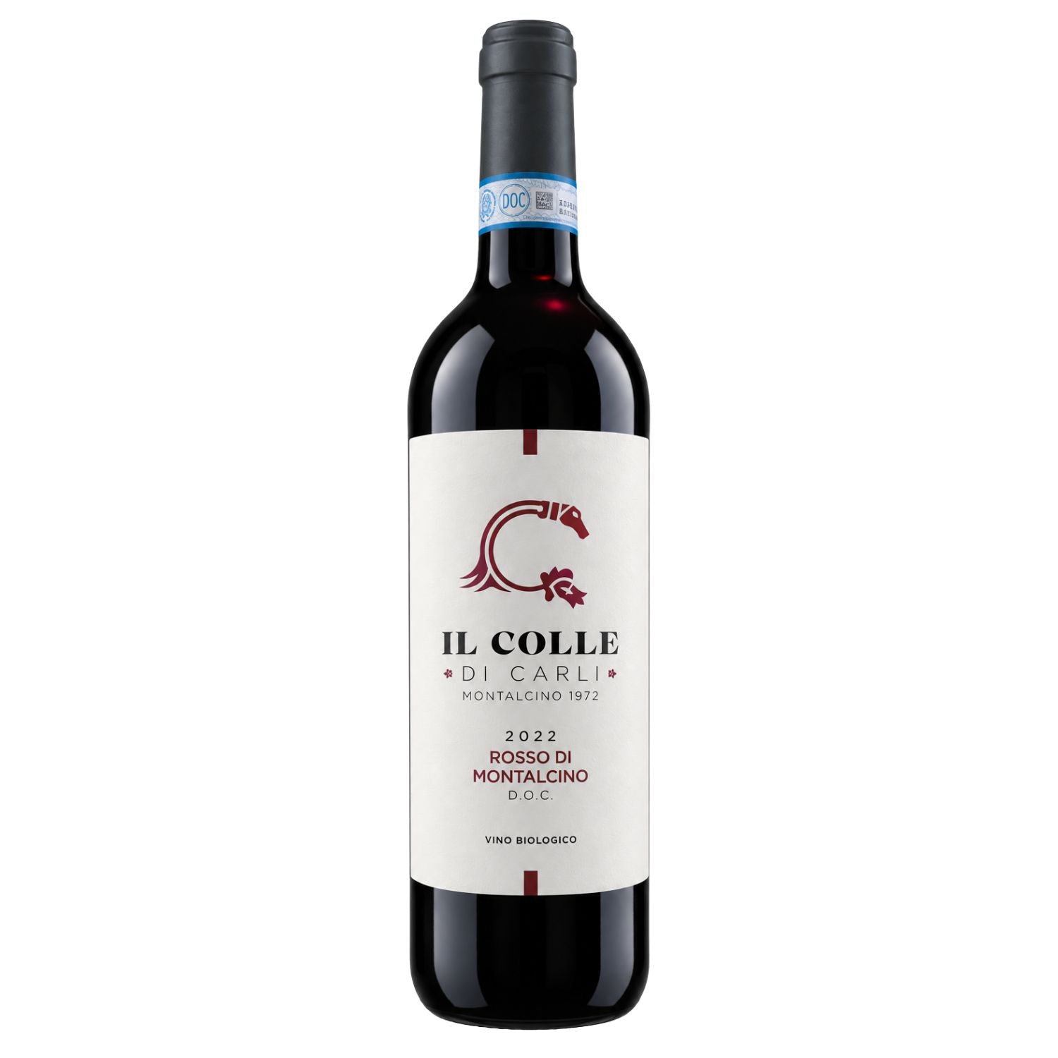 A bottle of Il Colle di Carli Rosso di Montalcino 2022 red wine, featuring a white label with a red logo and black text, set against a plain white background.