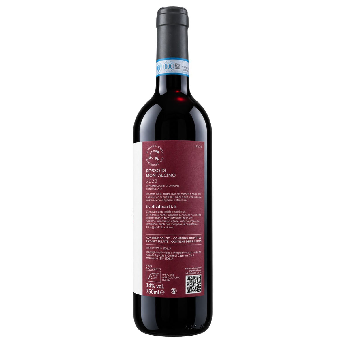 A bottle of red wine with a dark glass body, black cap, and a burgundy label showing the back text, isolated on a white background.