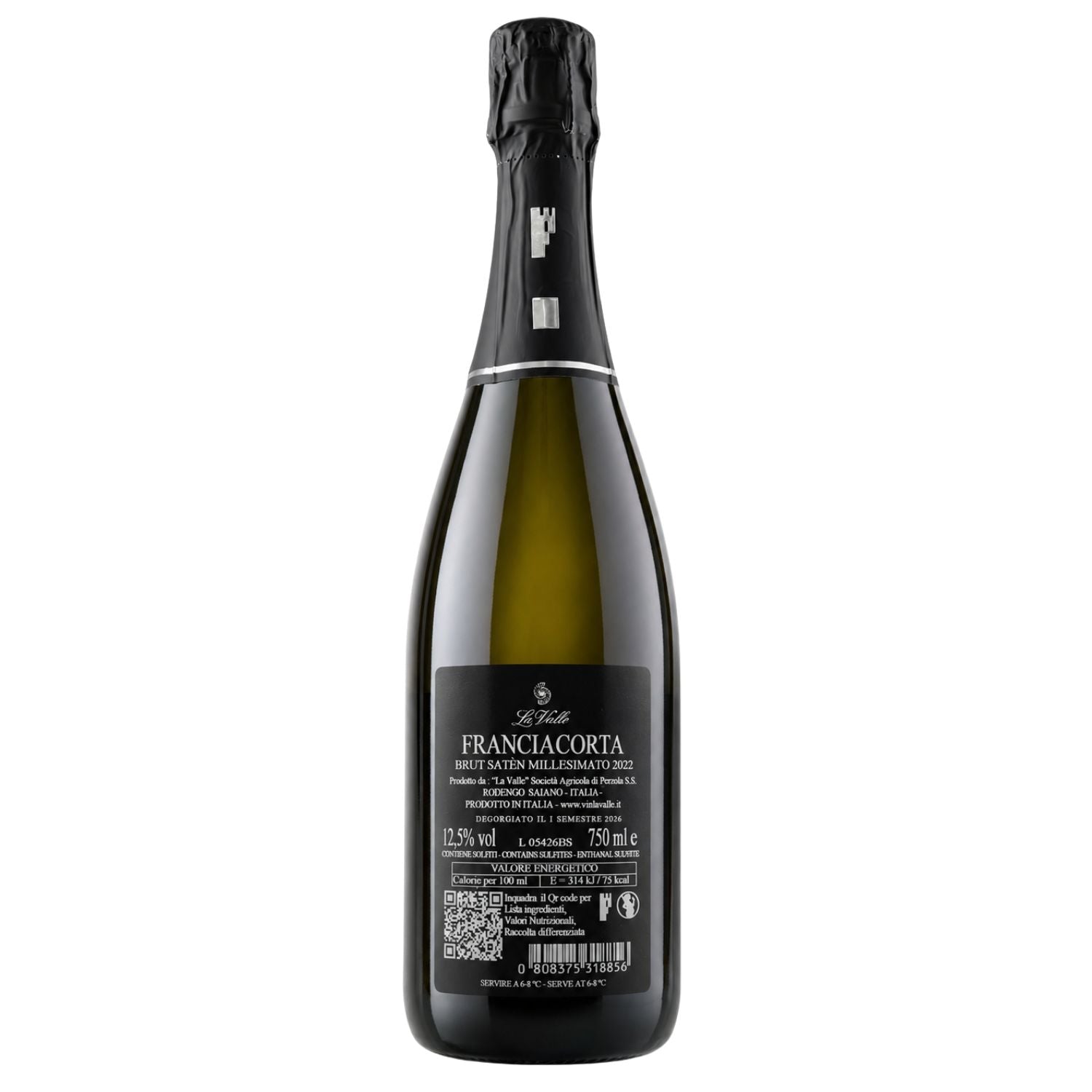 La Valle Franciacorta Brut Satèn Millesimato 2022 sparkling white wine back label showing disgorgement, alcohol content and bottle details, available at Fiorvino.