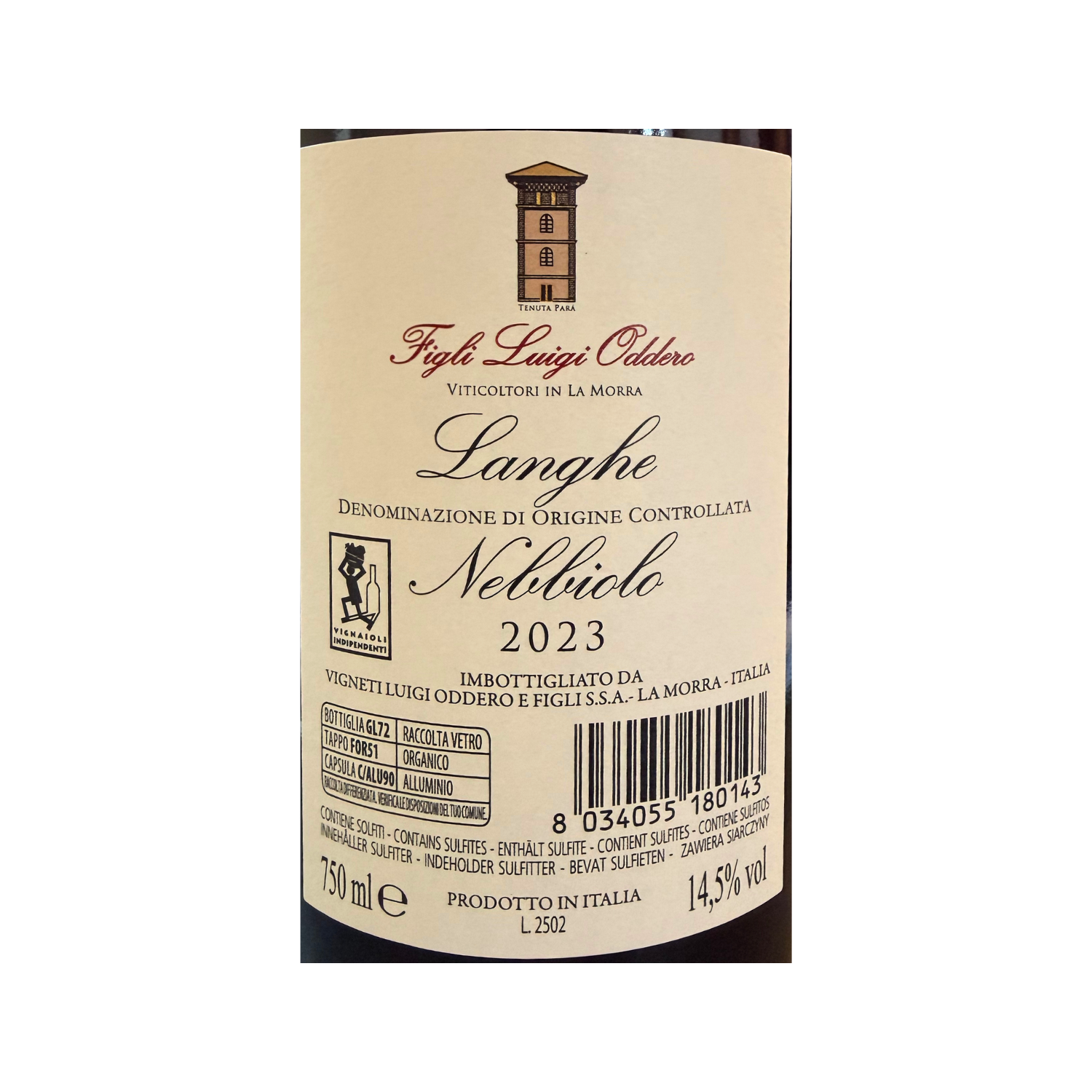 Langhe Nebbiolo Figli Luigi Oddero 2023 bottle Piemonte - Back Label