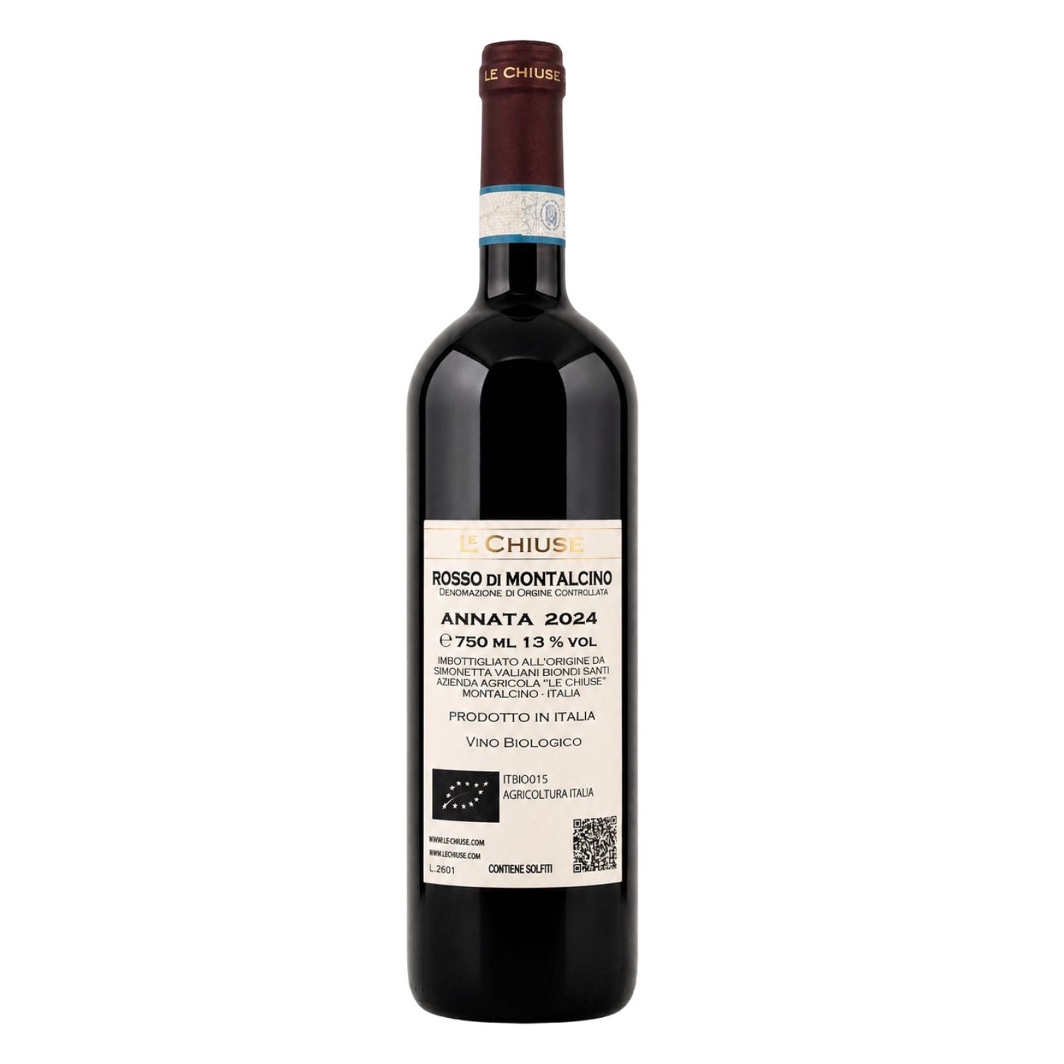 Le Chiuse Rosso di Montalcino DOC 2024 organic red wine bottle with original back label showing producer information, certifications, alcohol content and bottle details, available at Fiorvino.