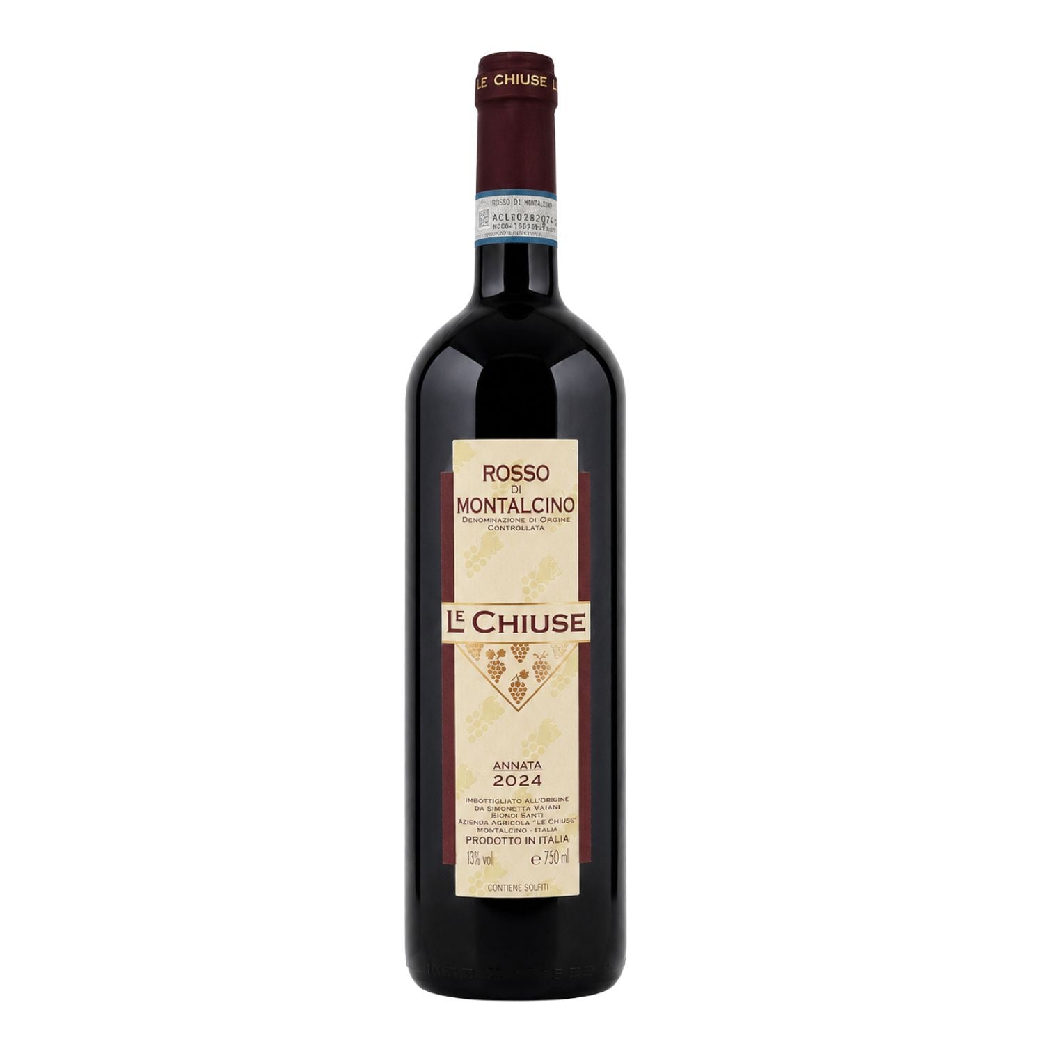 Le Chiuse Rosso di Montalcino DOC 2024 organic red wine bottle with original front label, available at Fiorvino, showcasing an authentic Sangiovese wine from Montalcino, Tuscany.