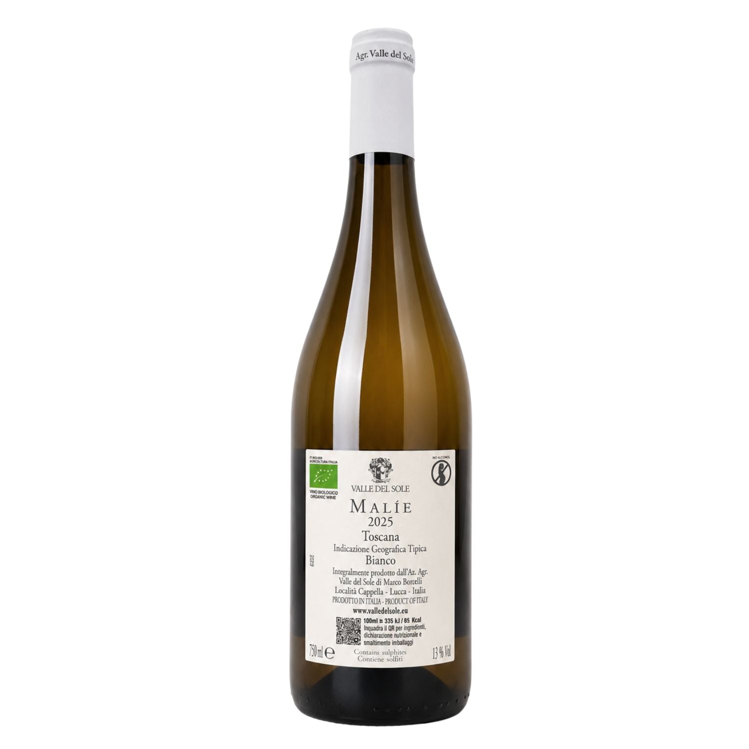 Studio photograph of the back label of Malíe Toscana Bianco IGT 2025 by Valle del Sole, showing organic certification, winery details, product information, QR code, and bottle specifications on a clean light background.