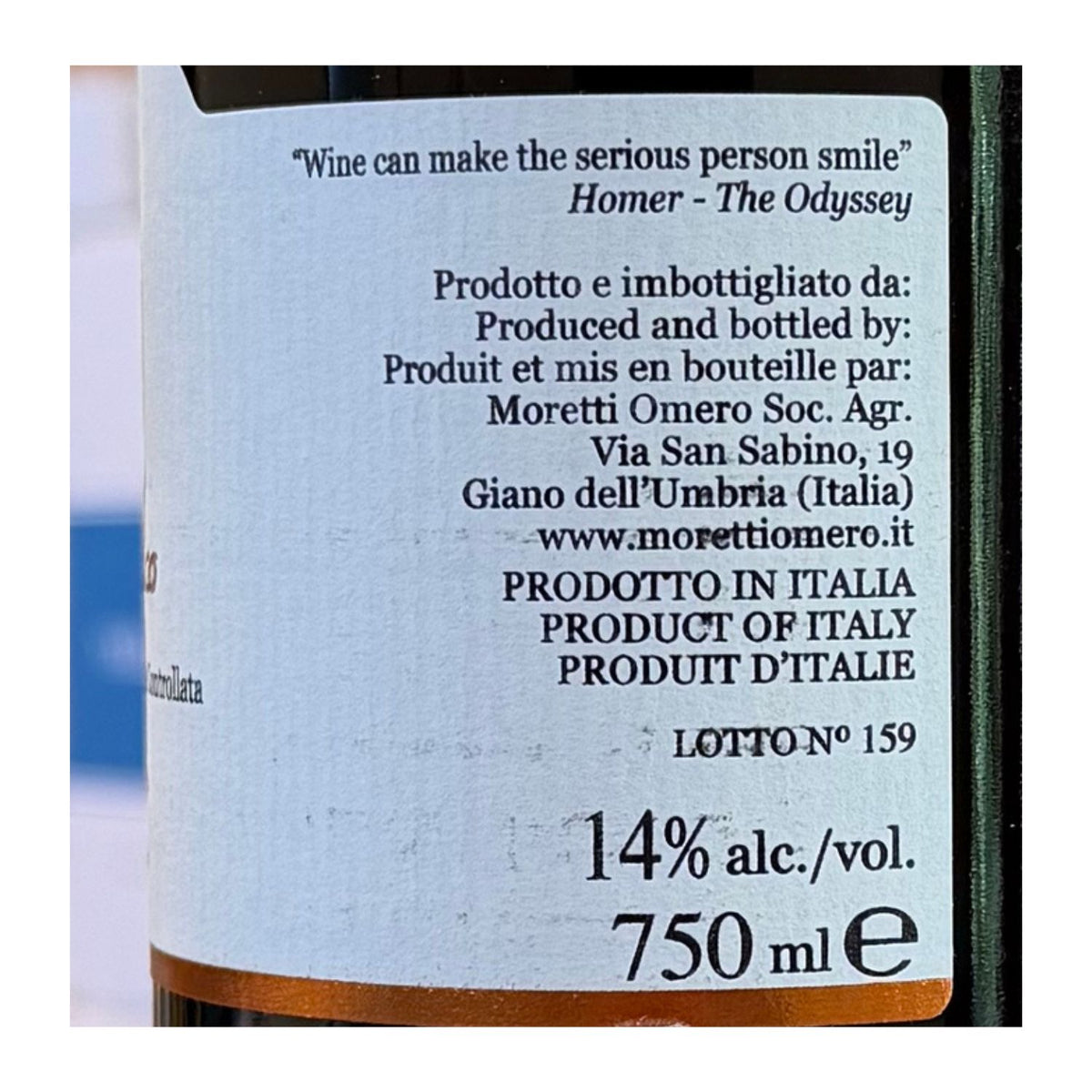 Moretti Omero Montefalco Rosso DOC 2022 organic red wine bottle from Umbria - side label