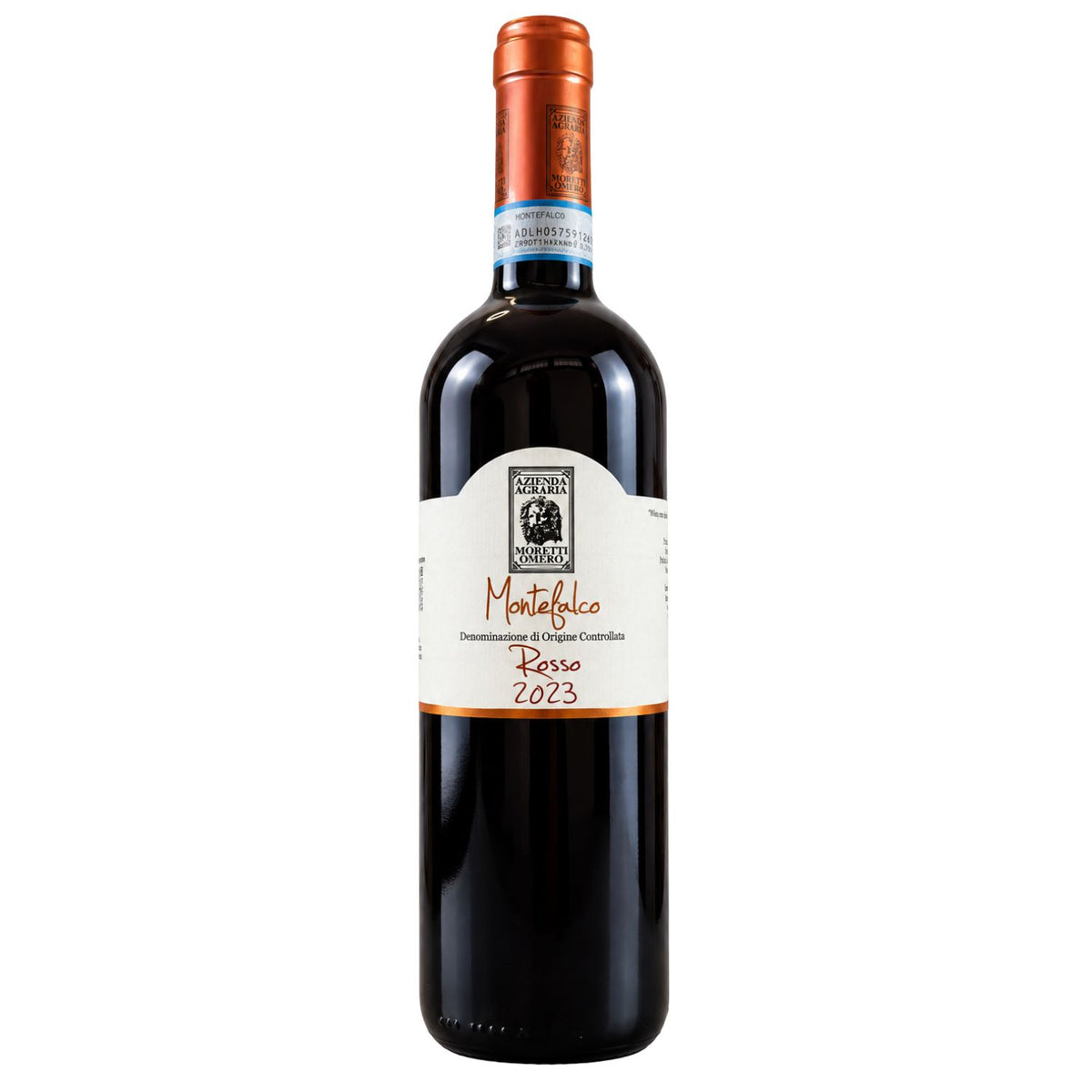 Front view of Moretti Omero Montefalco Rosso DOC 2023 red wine bottle from Umbria, Italy, featuring its original.