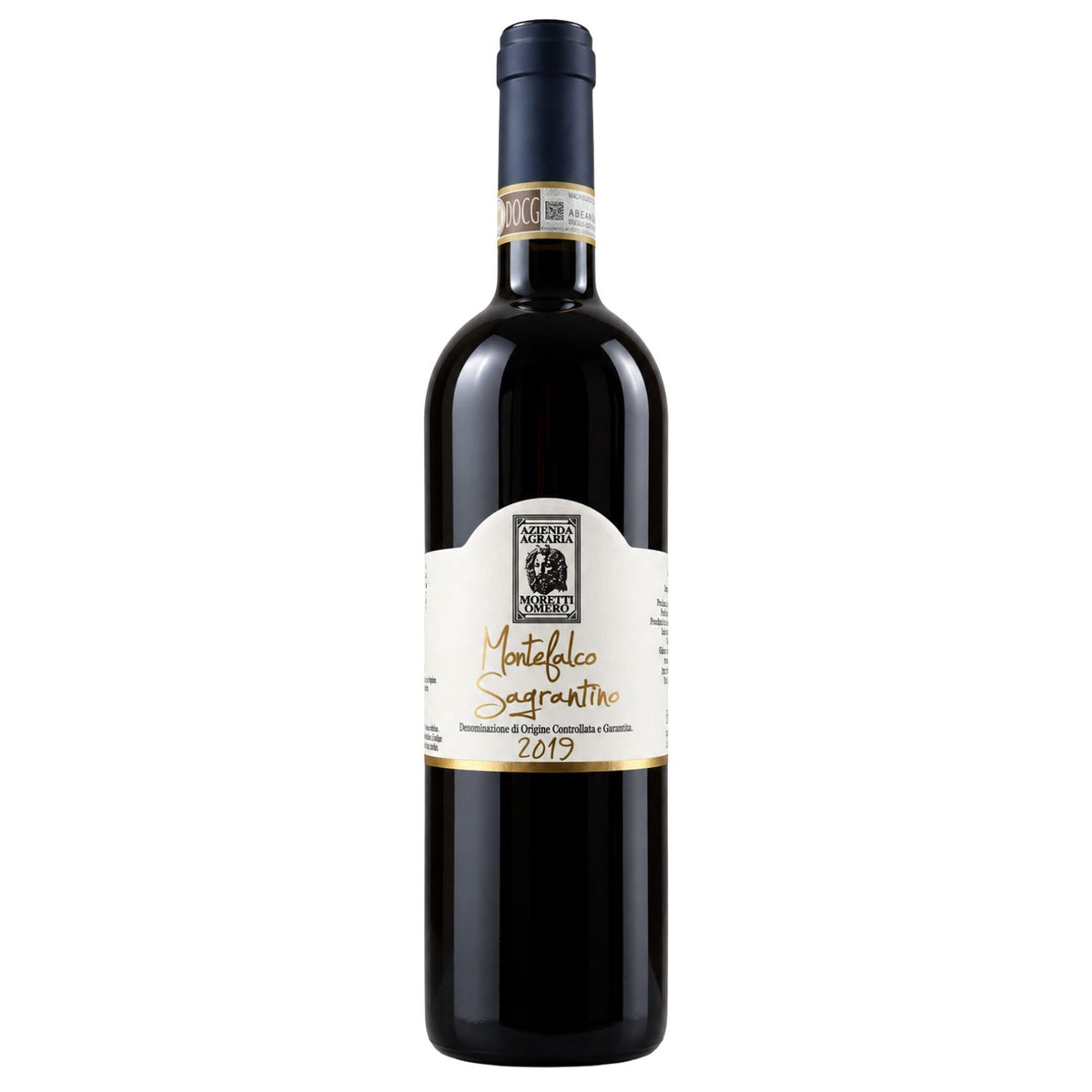 Front view of Moretti Omero Montefalco Sagrantino DOCG 2019 organic red wine bottle from Umbria, Italy, on a white background.