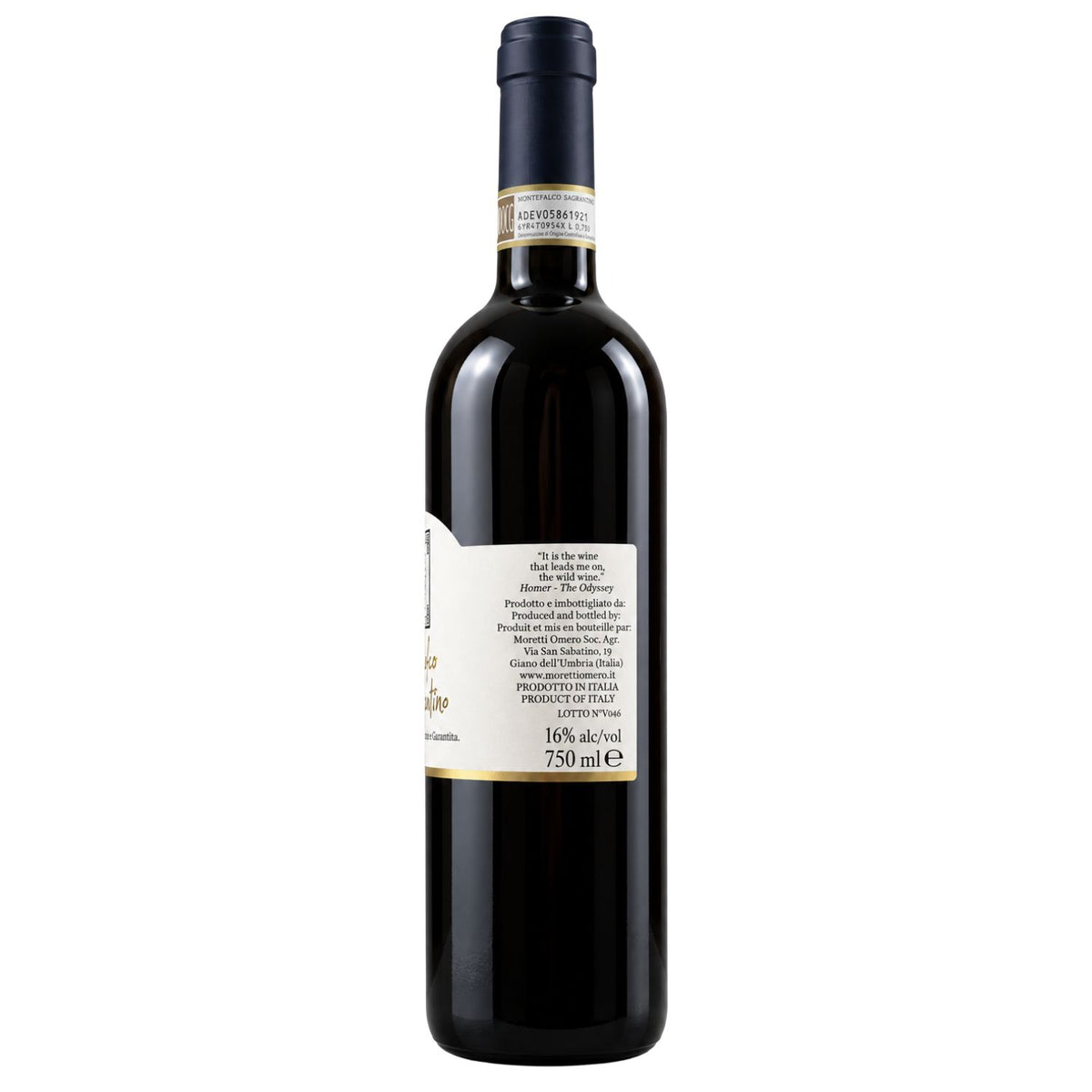 Side view of Moretti Omero Montefalco Sagrantino DOCG 2019 red wine bottle, showing producer details, 16% alcohol content and 750 ml volume on a white background.
