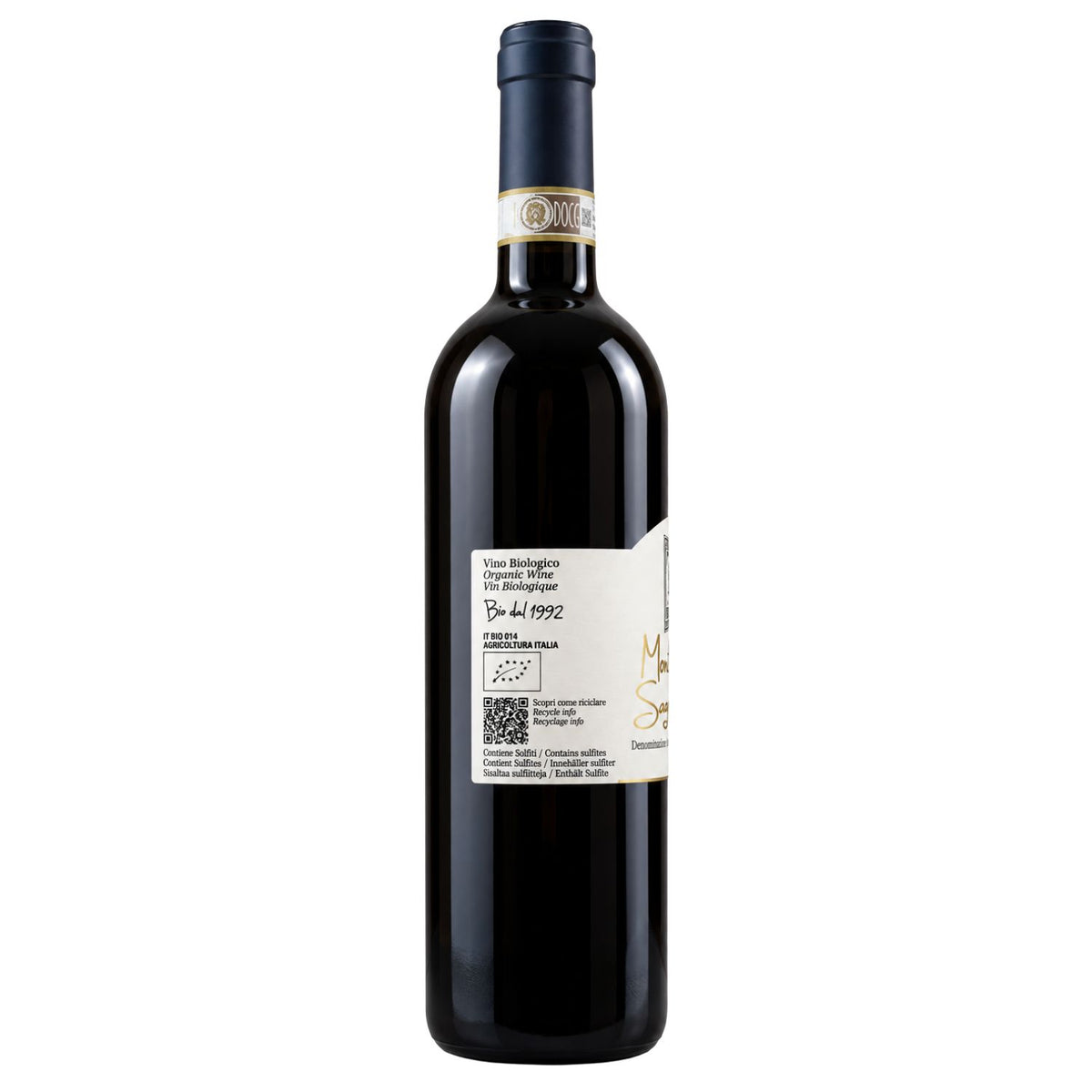 Back-side view of Moretti Omero Montefalco Sagrantino DOCG 2019 organic red wine bottle, showing organic certification and recycling information on a white background.