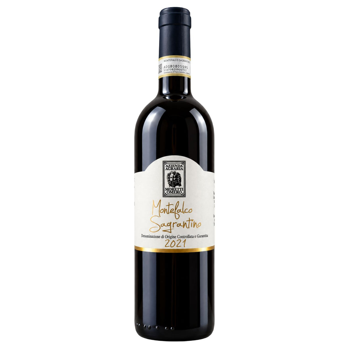 Front view of Moretti Omero Montefalco Sagrantino DOCG 2021 organic red wine bottle from Umbria, Italy, showing the original label.