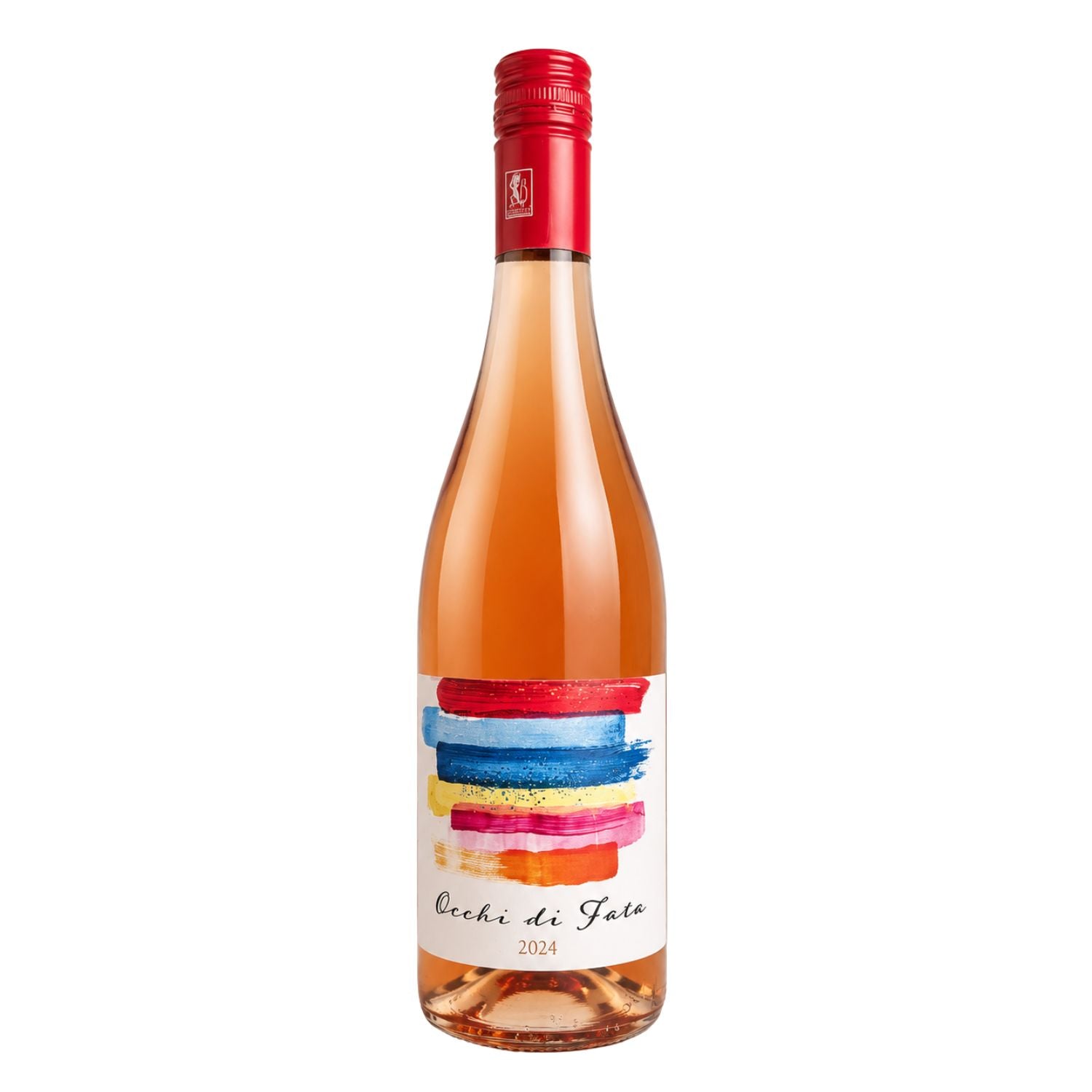 Front view of Occhi di Fata 2024 Toscana Rosato IGT by Valle del Sole, an organic Tuscan rosé wine with an artistic multicolored label, presented in a professional studio setting.