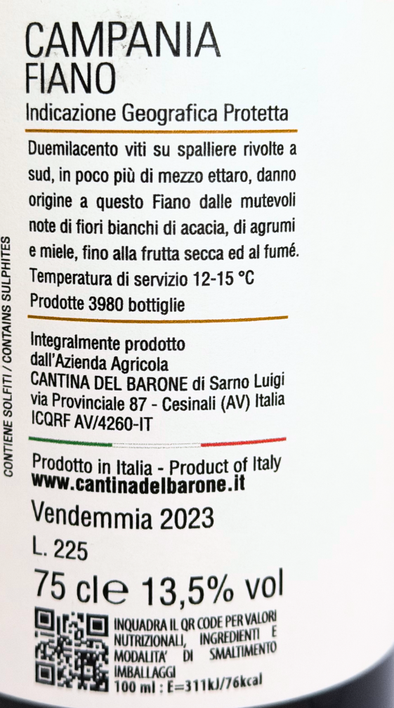 Particella 928 Campania Fiano IGP 2023 by Cantina del Barone - label on bottle