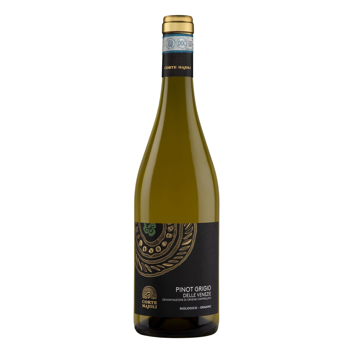 A bottle of Pinot Grigio delle Venezie Corte Majoli - Tezza white wine with a gold cap and a black label featuring gold circular patterns, set against a plain white background.
