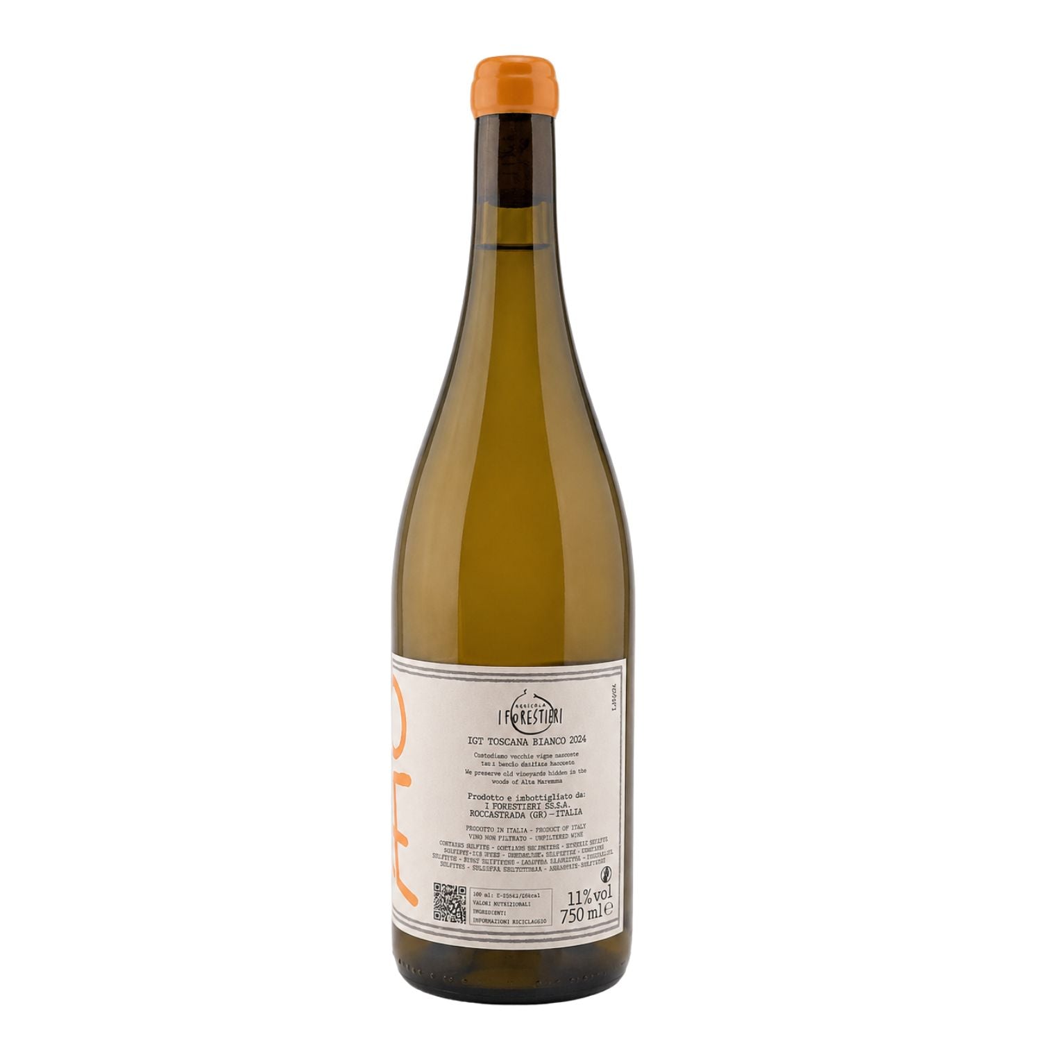 Back label photo of Rigomale 2024 Toscana Bianco IGT natural white wine from Tuscany, Italy, showing winery information, alcohol content, bottle volume, ingredients and recycling details on a studio background. I Forestieri