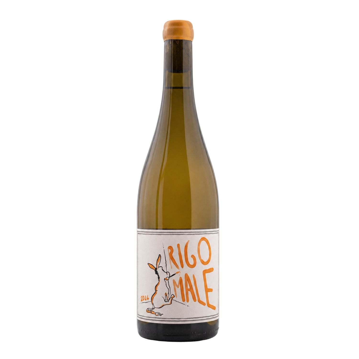 Front bottle photo of Rigomale 2024 Toscana Bianco IGT natural white wine from Tuscany, Italy, showing the original hand-drawn label with orange lettering and rabbit illustration on a studio background. I forestieri.