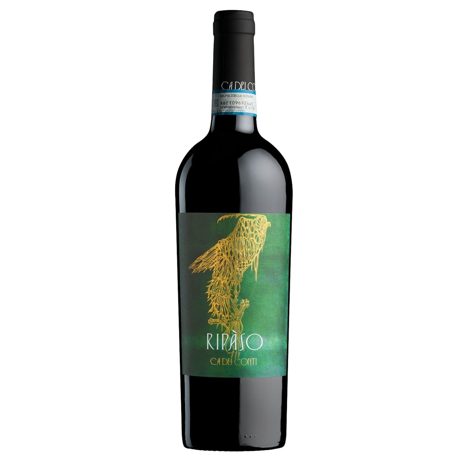 A bottle of Ripaso by Ca deí conti red wine, featuring a dark glass bottle with a black cap and a green label decorated with a golden illustration. - Valpoicella ripasso superiore.
