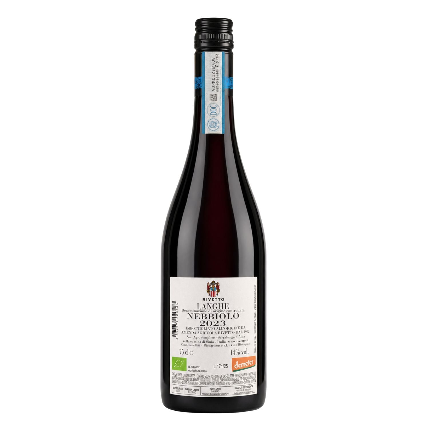 Rivetto Langhe Nebbiolo DOC 2023 back label showing producer details, organic and Demeter certifications, alcohol content and bottle information, available at Fiorvino.