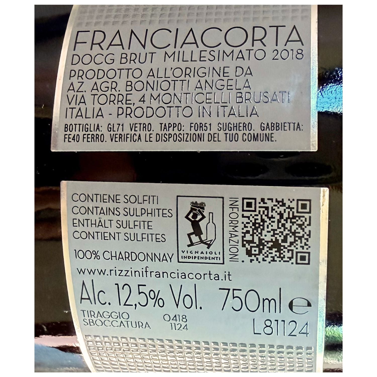 Rizzini Franciacorta Brut Millesimato 2018 sparkling white wine original back label, available at Fiorvino.