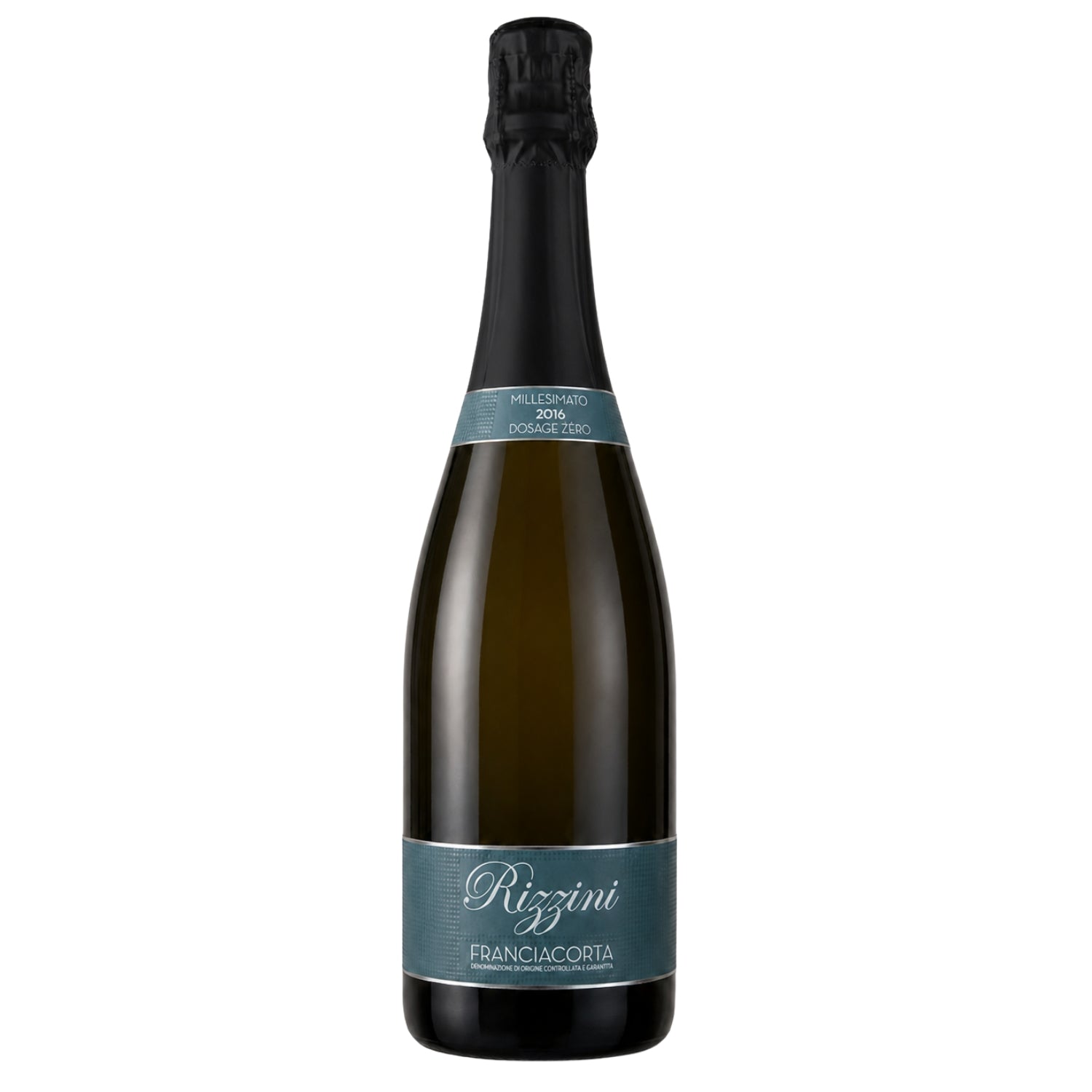 Rizzini Franciacorta Dosaggio Zero Millesimato 2016 sparkling white wine bottle with original front label and black foil, available at Fiorvino.