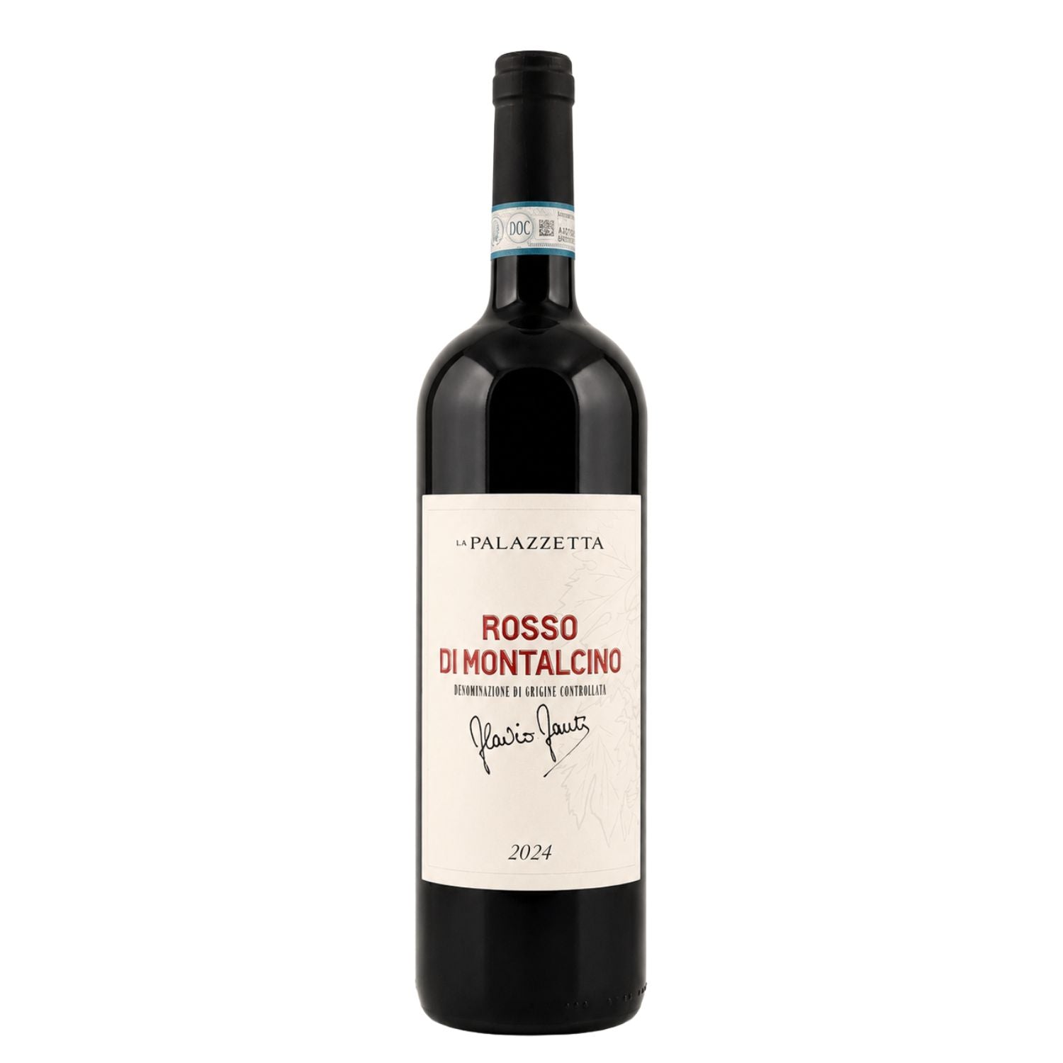 Front bottle photo of Rosso di Montalcino DOC 2024 by La Palazzetta, an organic Sangiovese red wine from Montalcino, Tuscany, photographed in a professional studio with the original label and bottle design. fiorvino