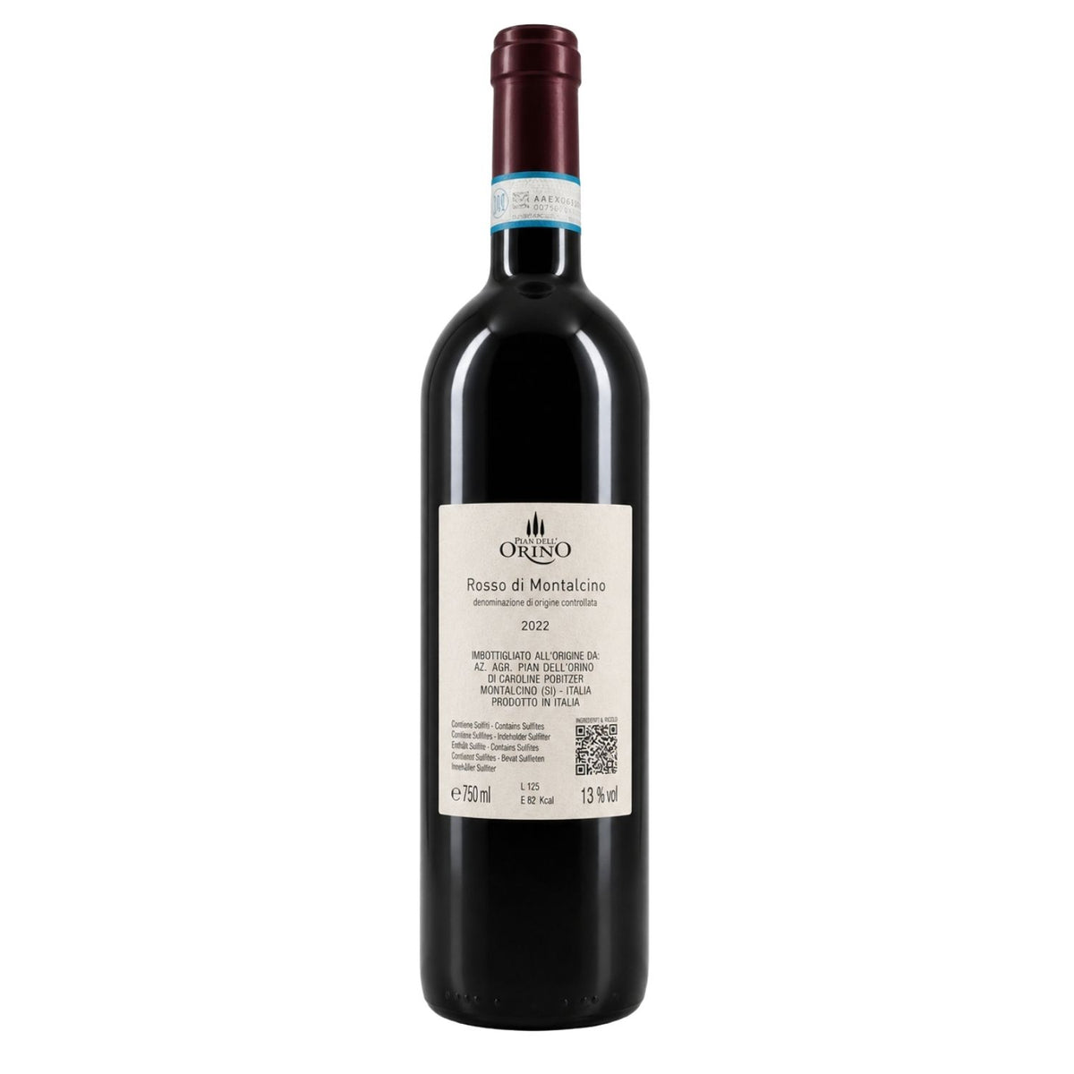 A bottle of Rosso di Montalcino red wine, featuring back label with a dark glass bottle with a cream-colored label and a dark red foil capsule at the neck, set against a plain white background.