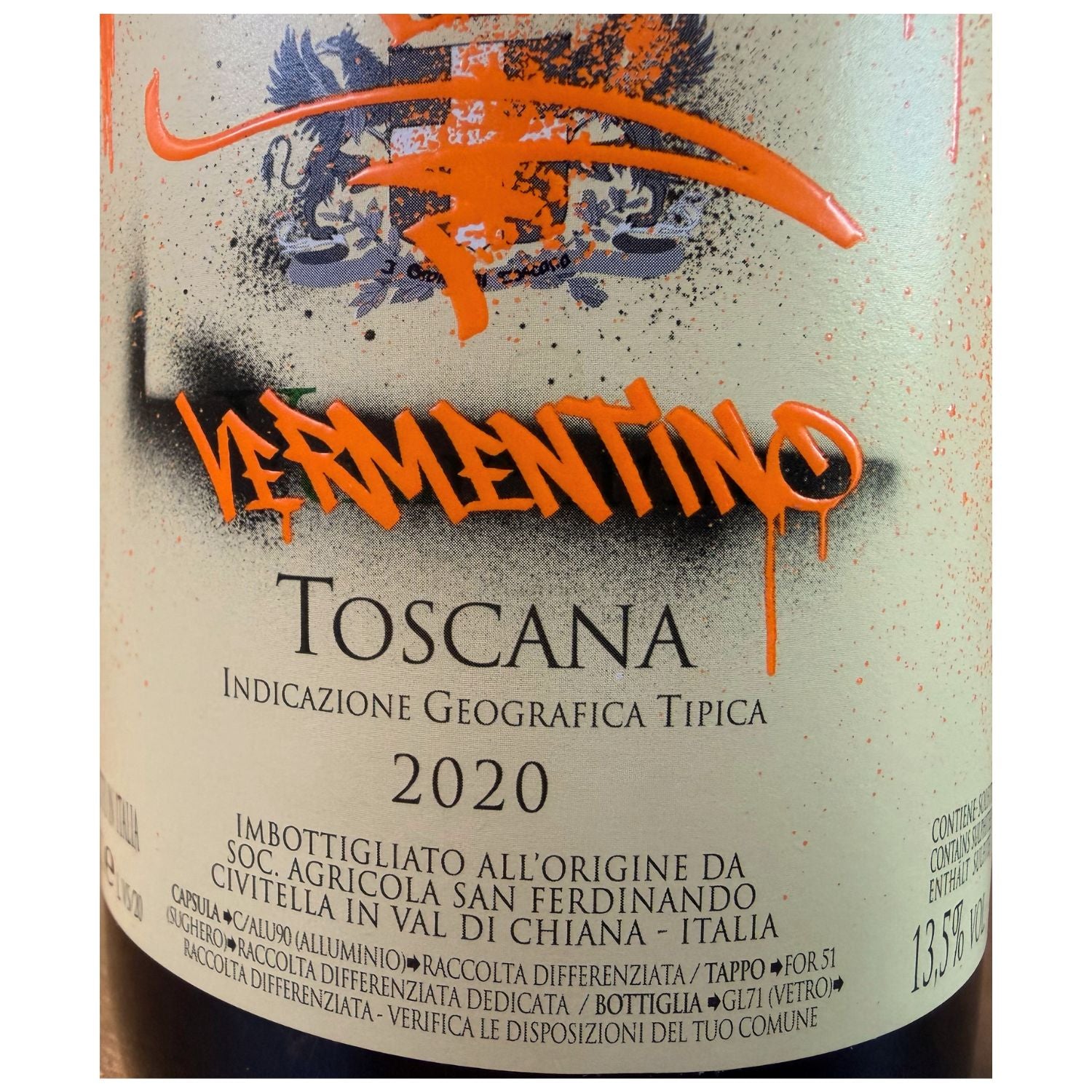 San Ferdinando limited-edition Vermentino Toscana IGT 2020 white wine bottle Label with original graffiti-style - available at Fiorvino.