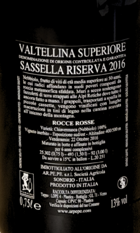 ARPEPE Sassella Rocce Rosse Riserva 2016 Valtellina Superiore DOCG Nebbiolo bottle retro