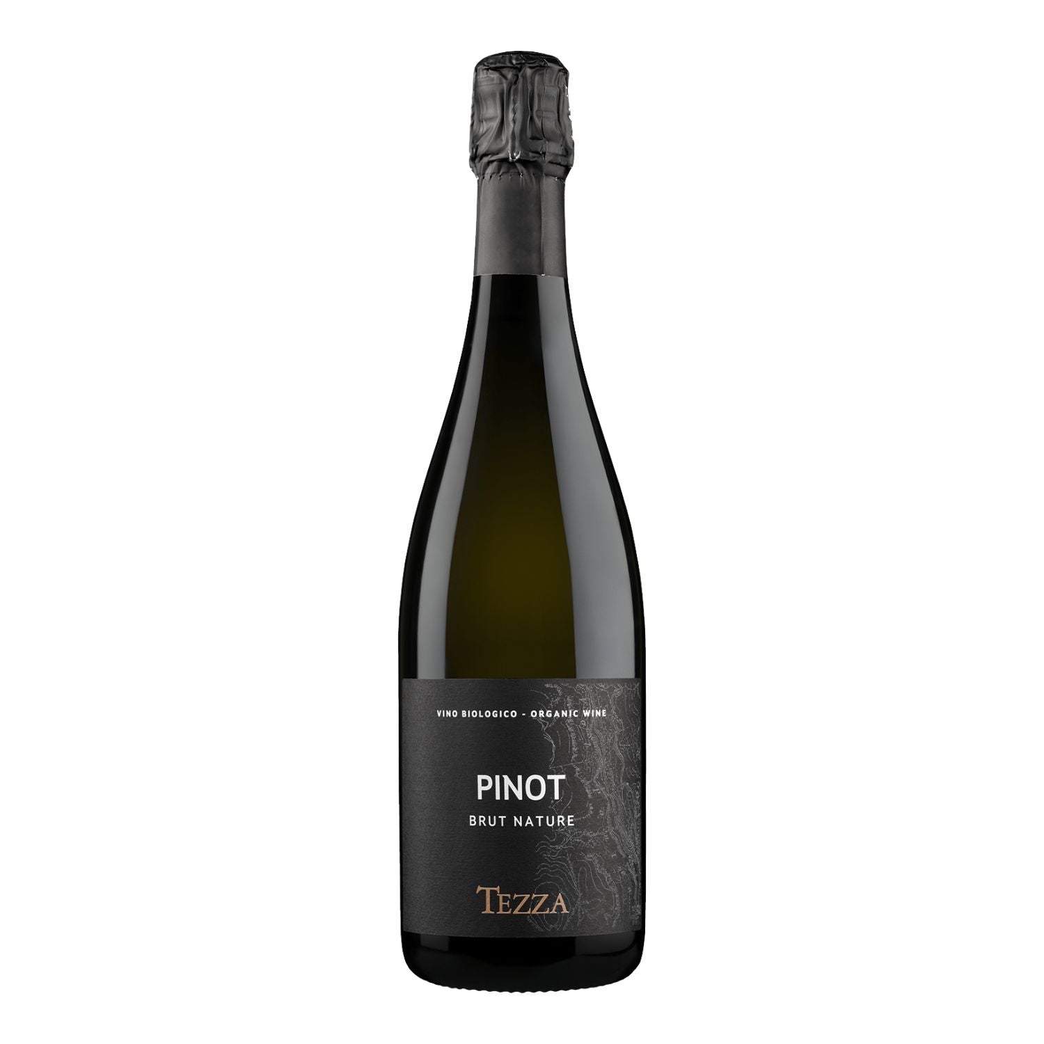 A bottle of Tezza Pinot Brut Nature organic wine, featuring a dark green glass bottle, a black label with white and gold text, and a black foil-wrapped neck, set against a plain white background.
