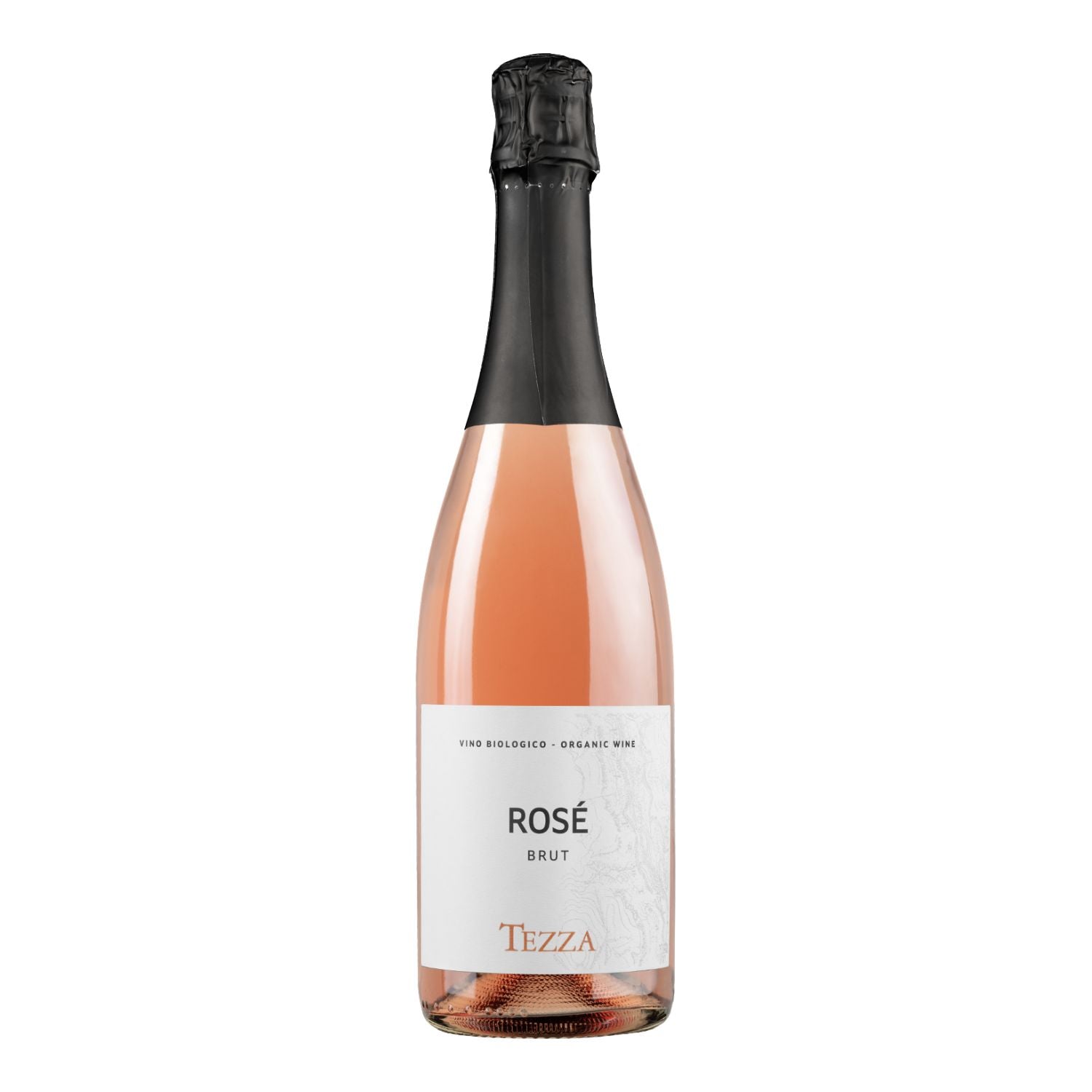A bottle of Tezza Rosé Brut organic wine, featuring a pale pink rosé wine inside a clear glass bottle with a black foil capsule and a white label.