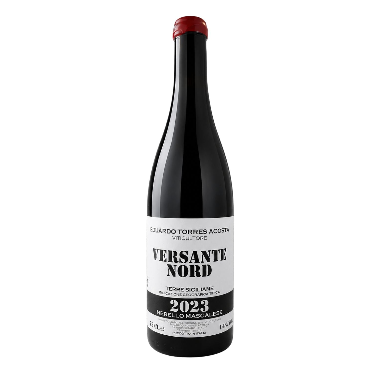 Front-facing studio photo of Versante Nord 2023 red wine by Eduardo Torres Acosta, a Terre Siciliane Rosso IGT made from Nerello Mascalese, shown as a single dark glass bottle with a white label and red capsule on a light neutral background.
