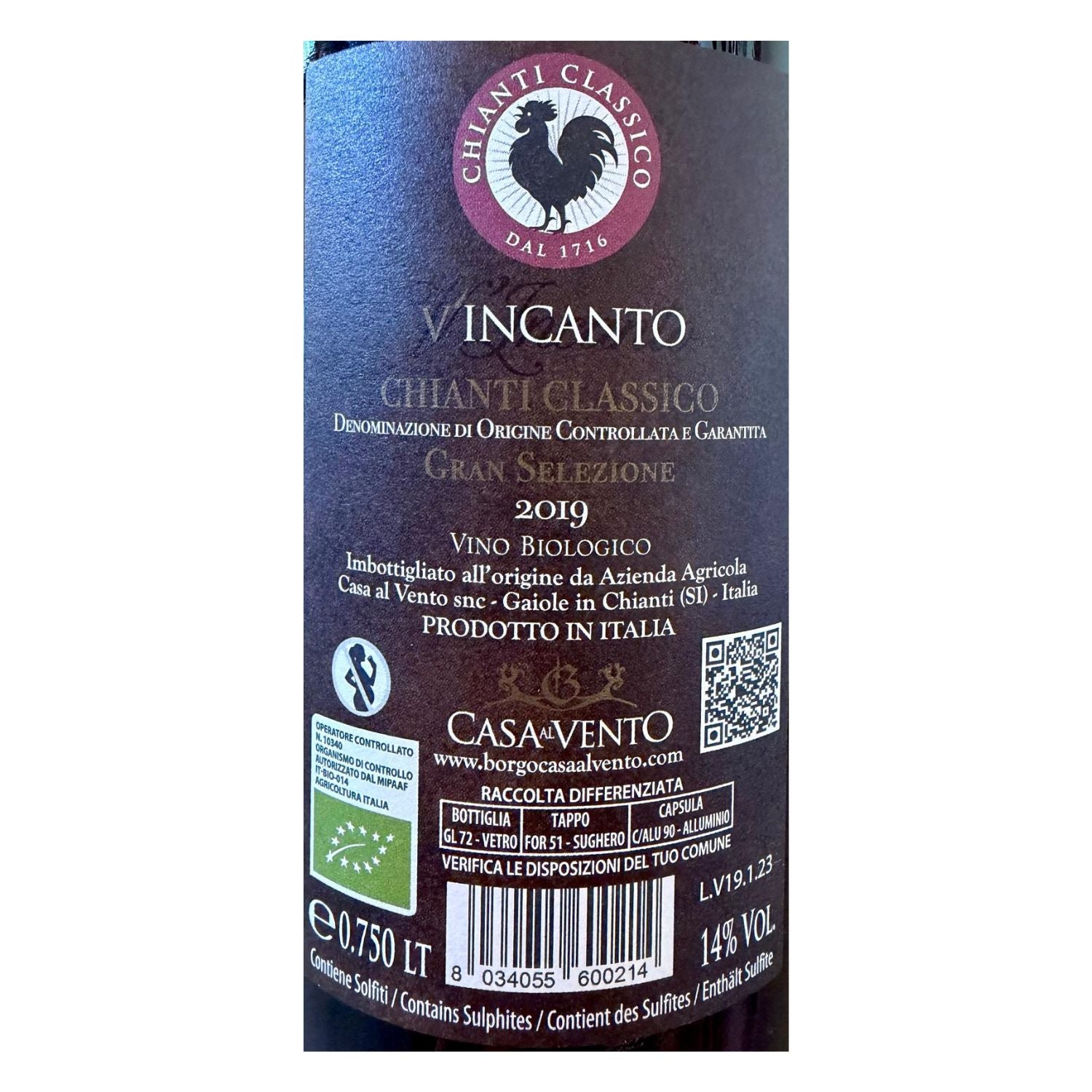 back label of the chianti classico 2019 Gran selezione - casa al vento