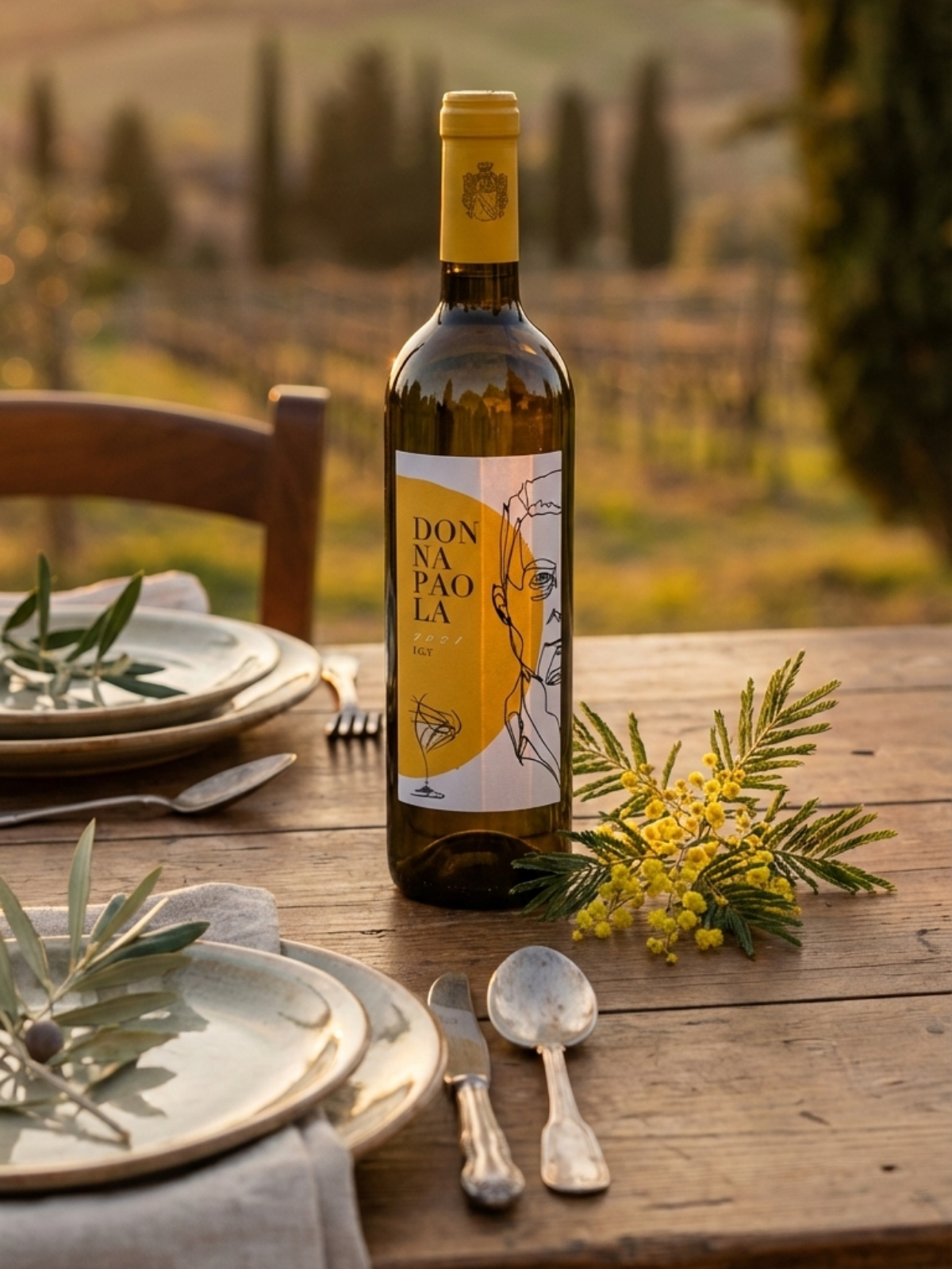 Donna Paola Bianco Costa Toscana white wine bottle on table with mimosa flowers