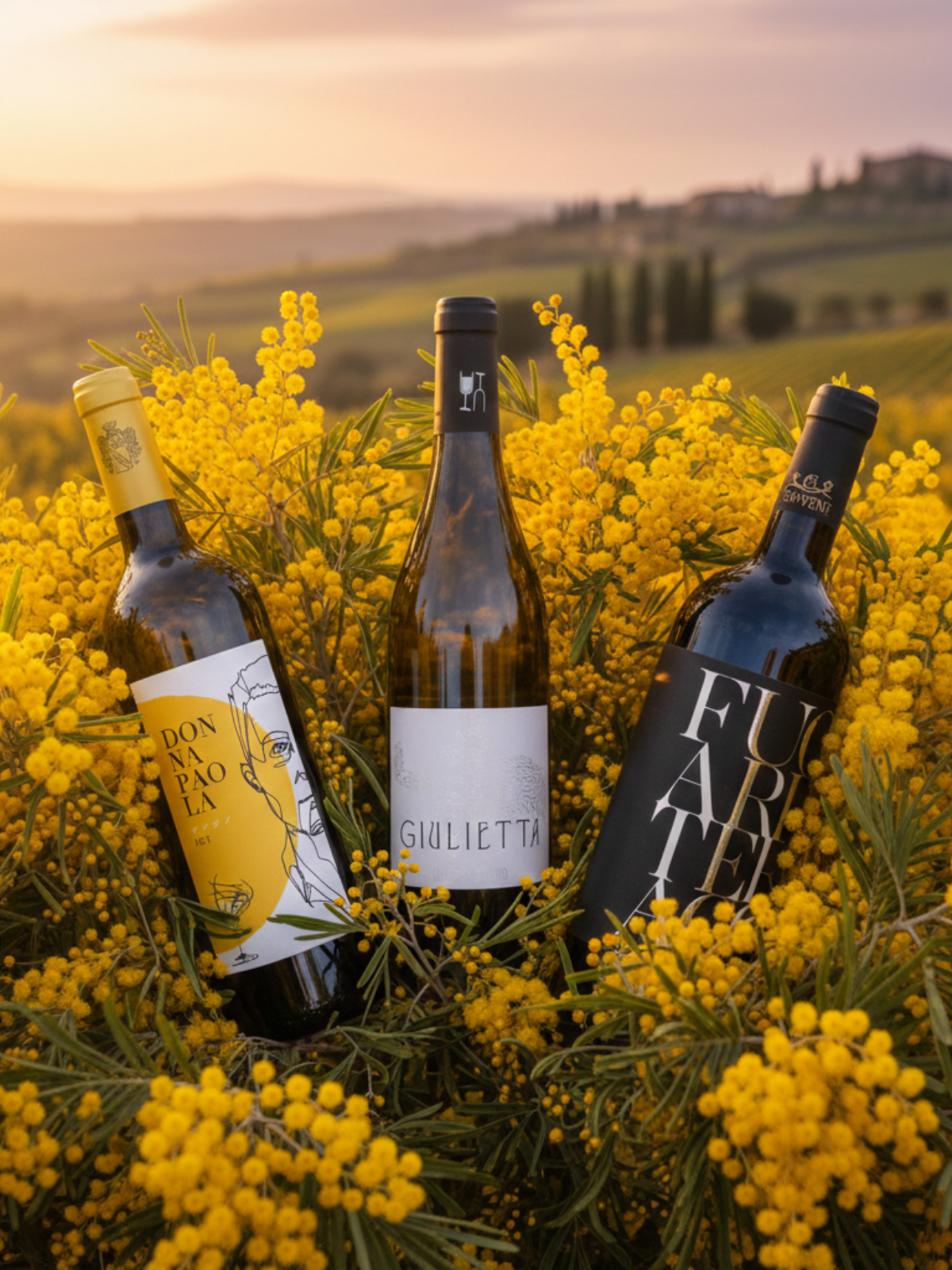 Women’s Day wine bundle with Fata Rosso Toscana, Donna Paola Bianco Costa Toscana and Giulietta Garganega surrounded by mimosa flowers