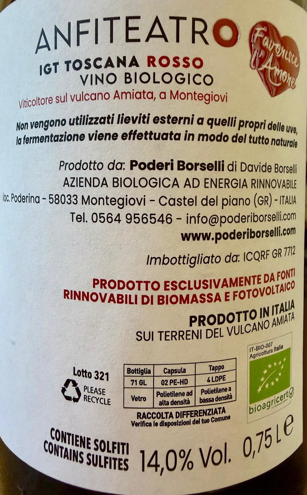 A close-up of a wine bottle label for Anfiteatro IGT Toscana Rosso Vino Biologico, showing the white label with black and red text, a heart-shaped logo, and Italian regulatory information.