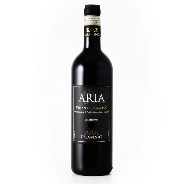 Bottle of Aria Chianti Classico red wine by Casa al Vento shown from the front on a plain background.