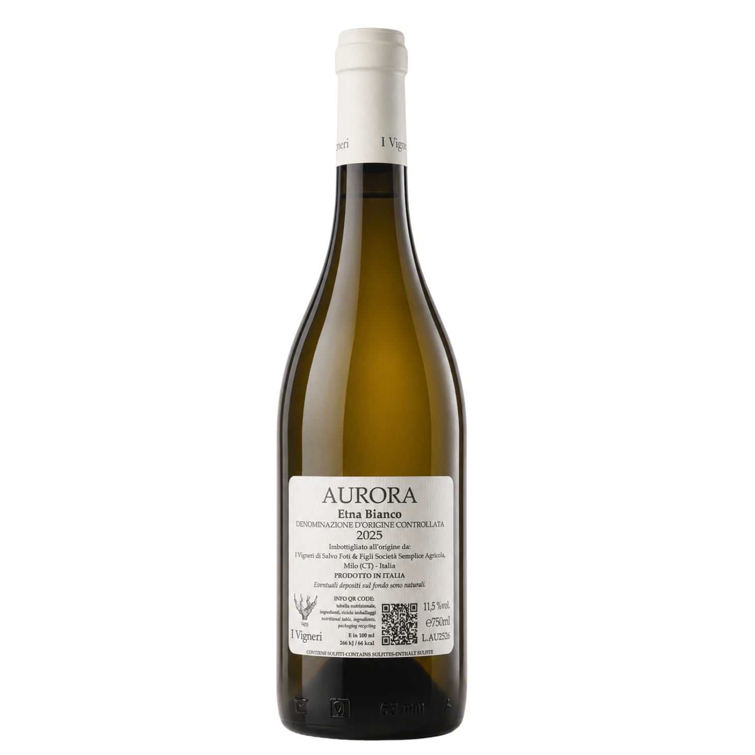 Back label of Aurora Etna Bianco 2025 by I Vigneri, white wine from Milo on Mount Etna, Sicily, available on Fiorvino