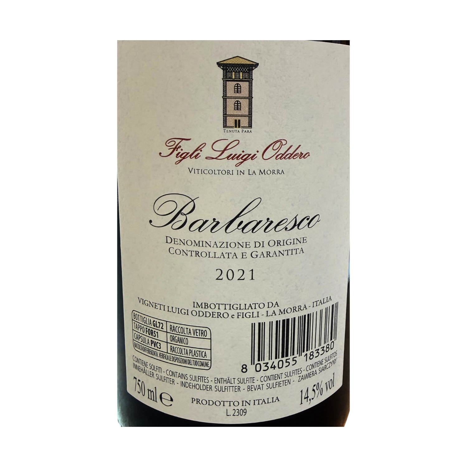 Barbaresco 2021, Figli Luigi Oddero back Label